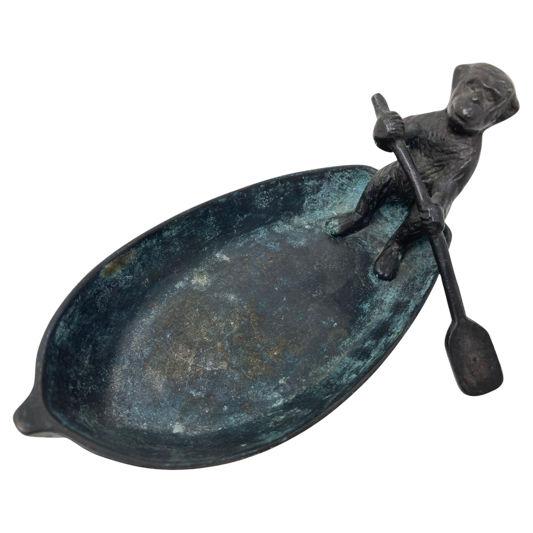 Vintage Bronze Monkey Paddling A Boat Ashtray or Catchall Dish