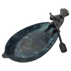 Vintage Bronze Monkey Paddling A Boat Ashtray or Catchall Dish