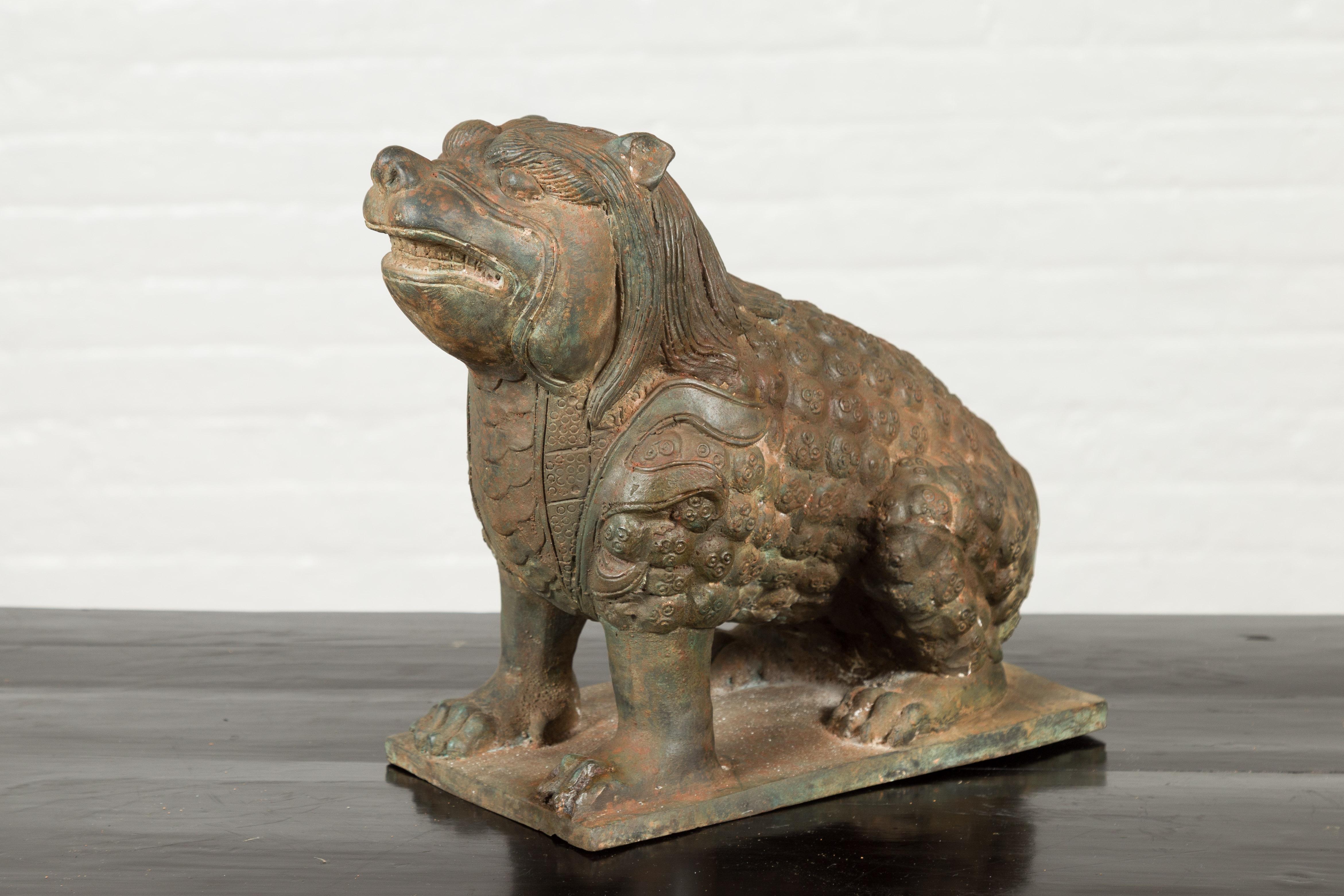 Cast Vintage Bronze Mythical Boar Animal Sculpture on Rectangular Base For Sale