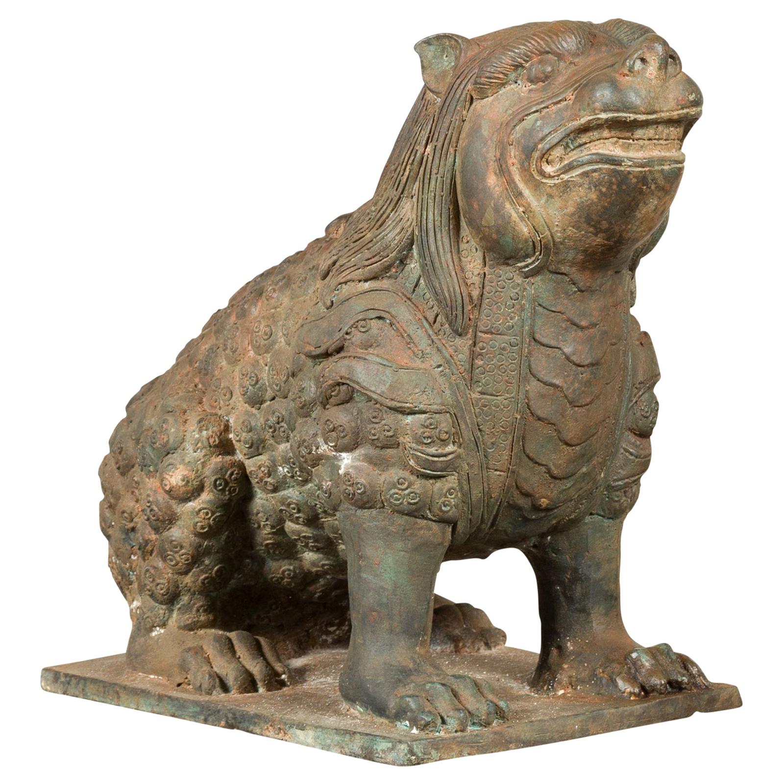 Vintage Bronze Mythical Boar Animal Sculpture on Rectangular Base For Sale