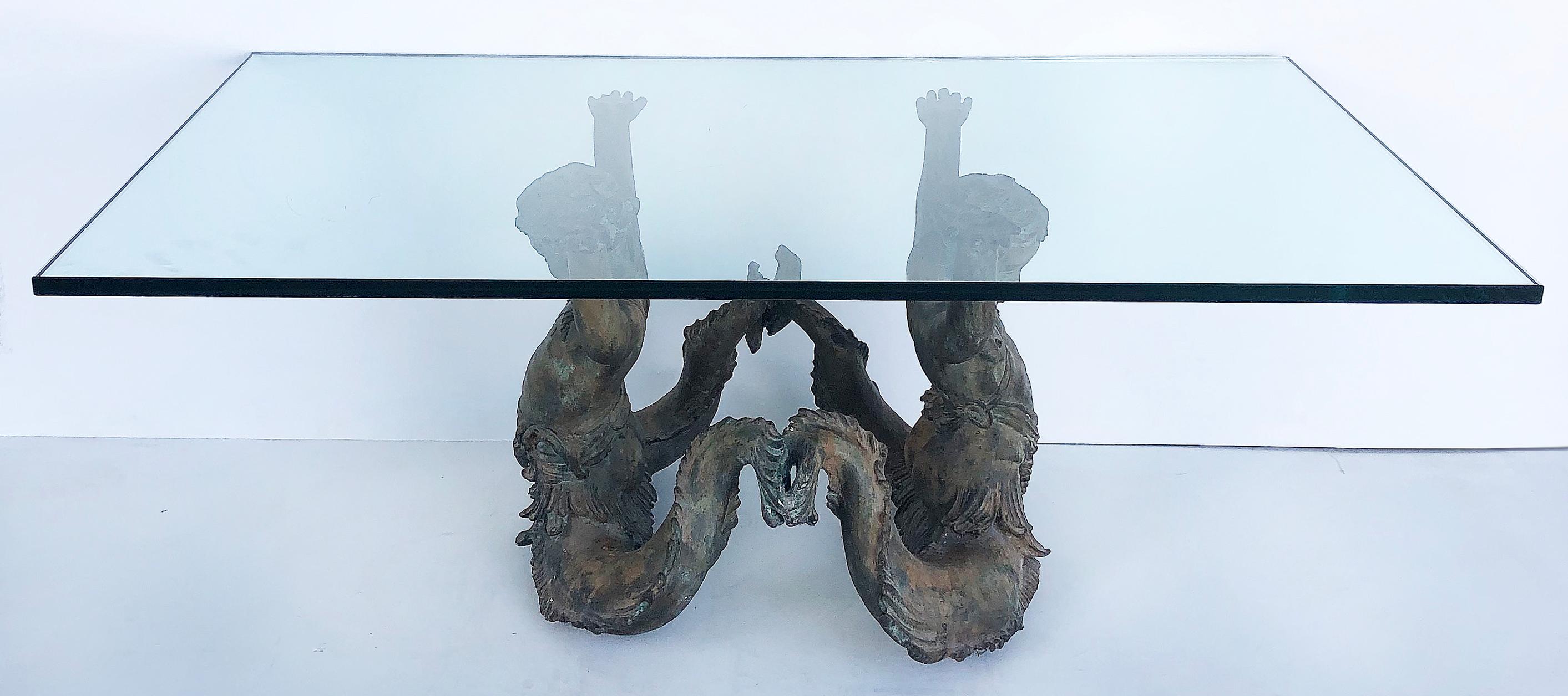 Vintage Bronze Mythical Cherub Creatures Coffee Table with Glass Top In Good Condition For Sale In Miami, FL