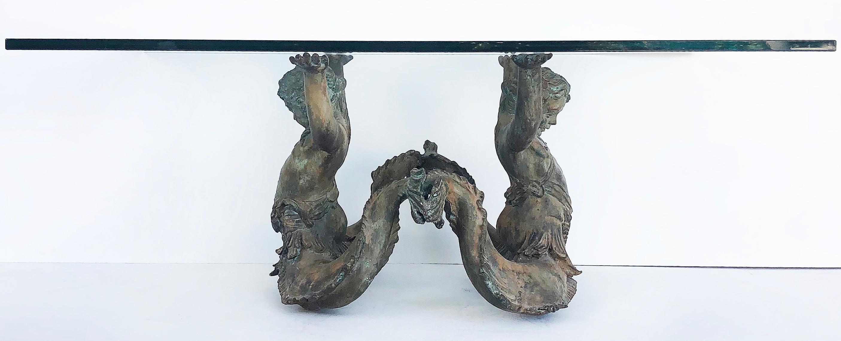 20th Century Vintage Bronze Mythical Cherub Creatures Coffee Table with Glass Top