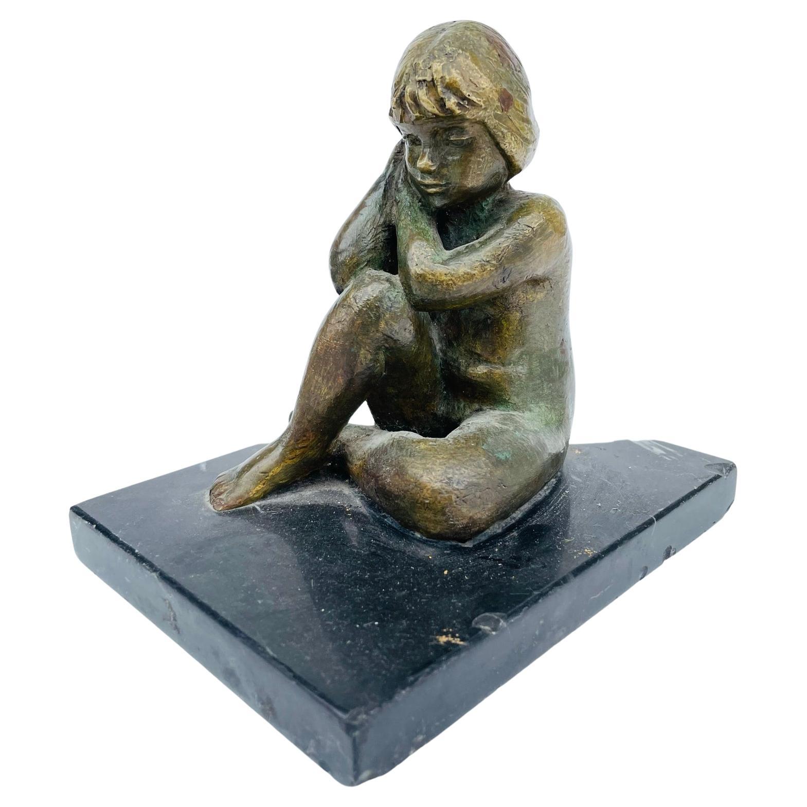 Vintage Bronze of a Nude Girl Seating For Sale