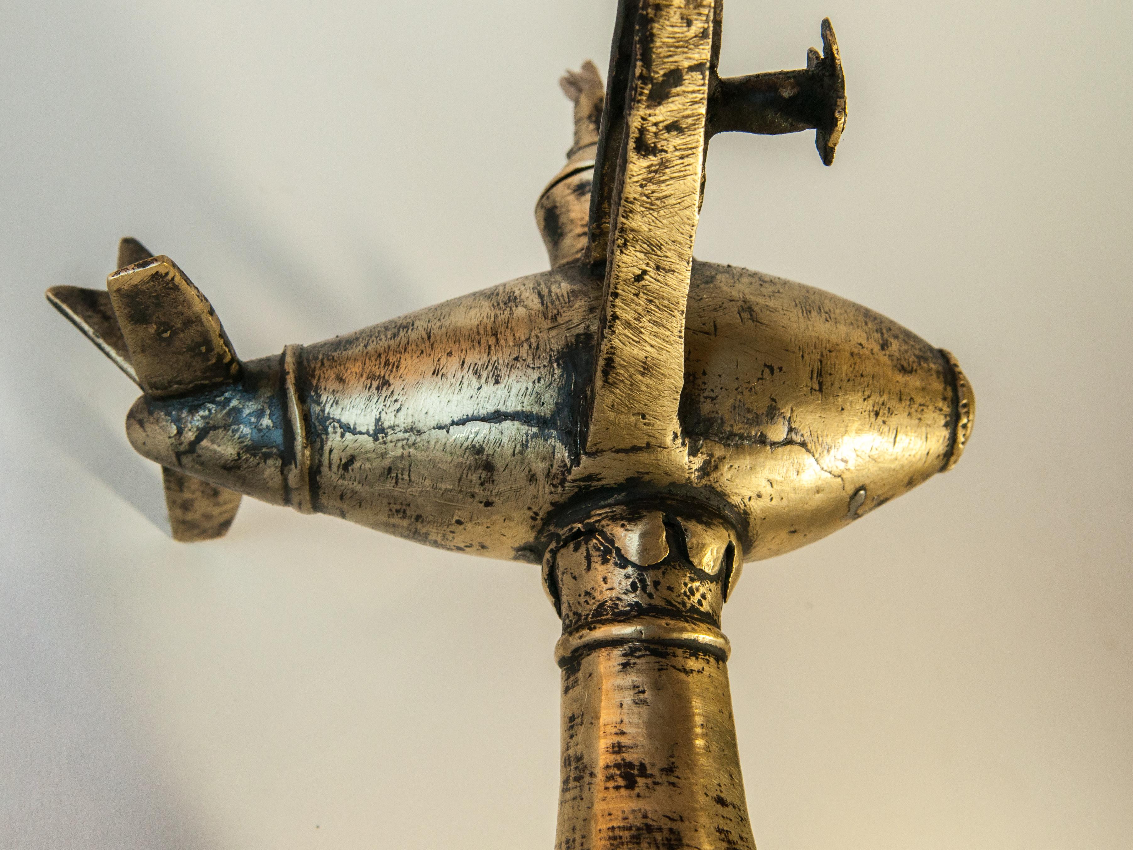 Vintage Bronze Oil Lamp Airplane Motif Rural Nepal, Mid-Late 20th Century 12