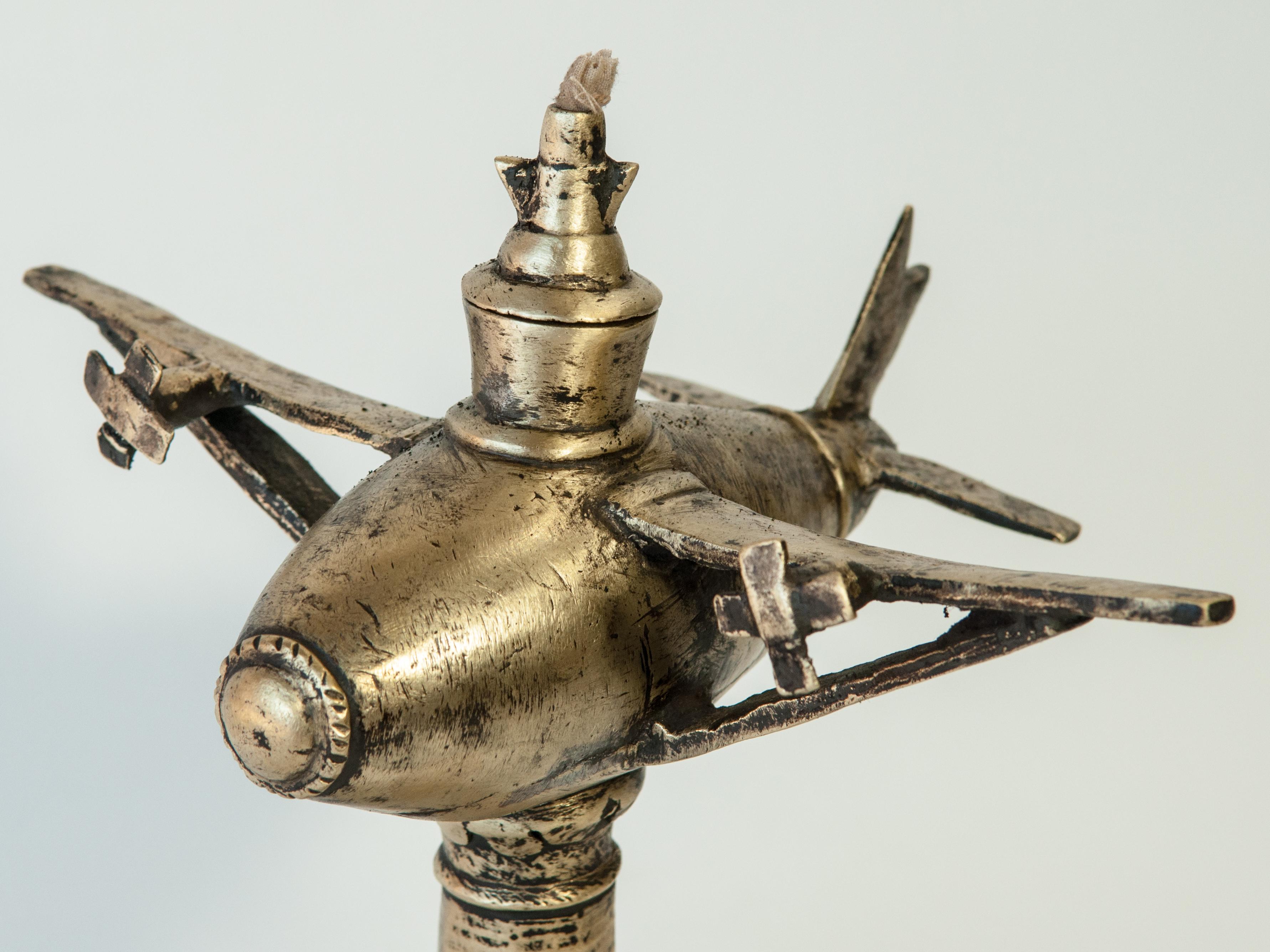 Other Vintage Bronze Oil Lamp Airplane Motif Rural Nepal, Mid-Late 20th Century