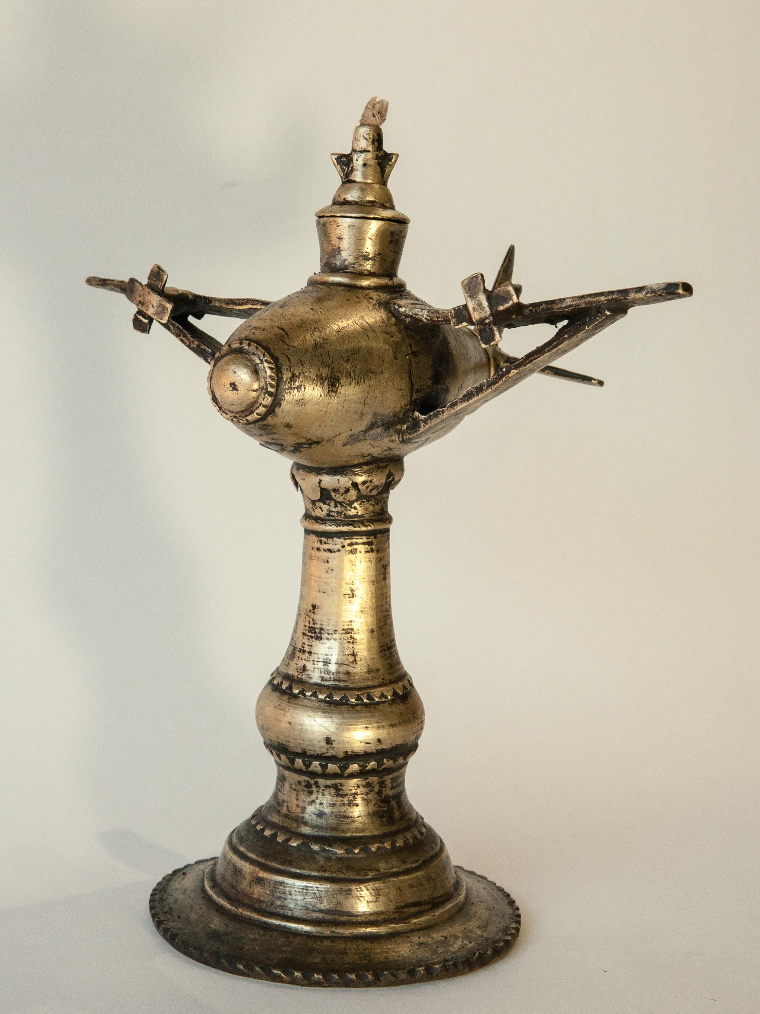 Hand-Crafted Vintage Bronze Oil Lamp Airplane Motif Rural Nepal, Mid-Late 20th Century