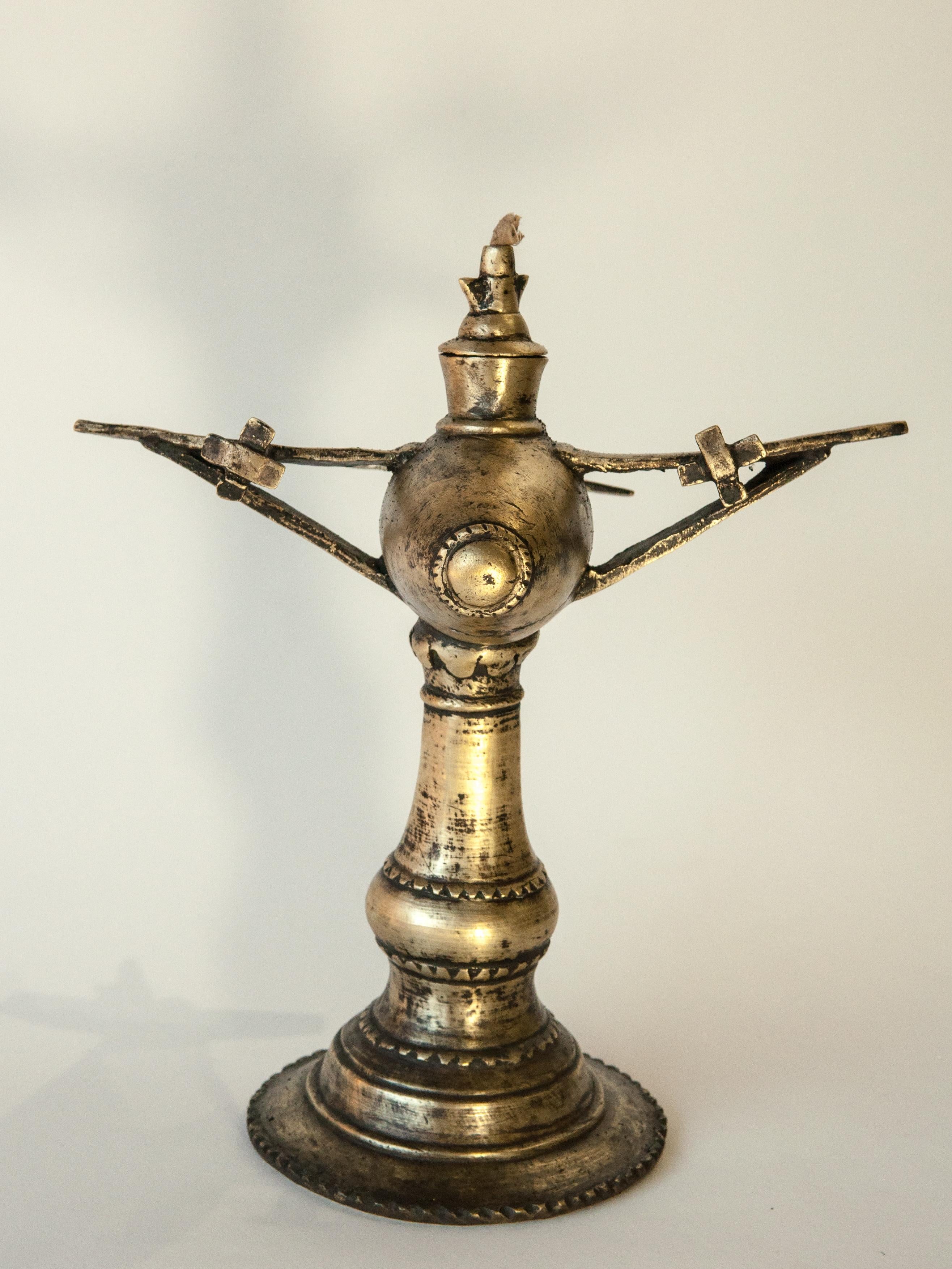 Vintage Bronze Oil Lamp Airplane Motif Rural Nepal, Mid-Late 20th Century In Good Condition In Point Richmond, CA