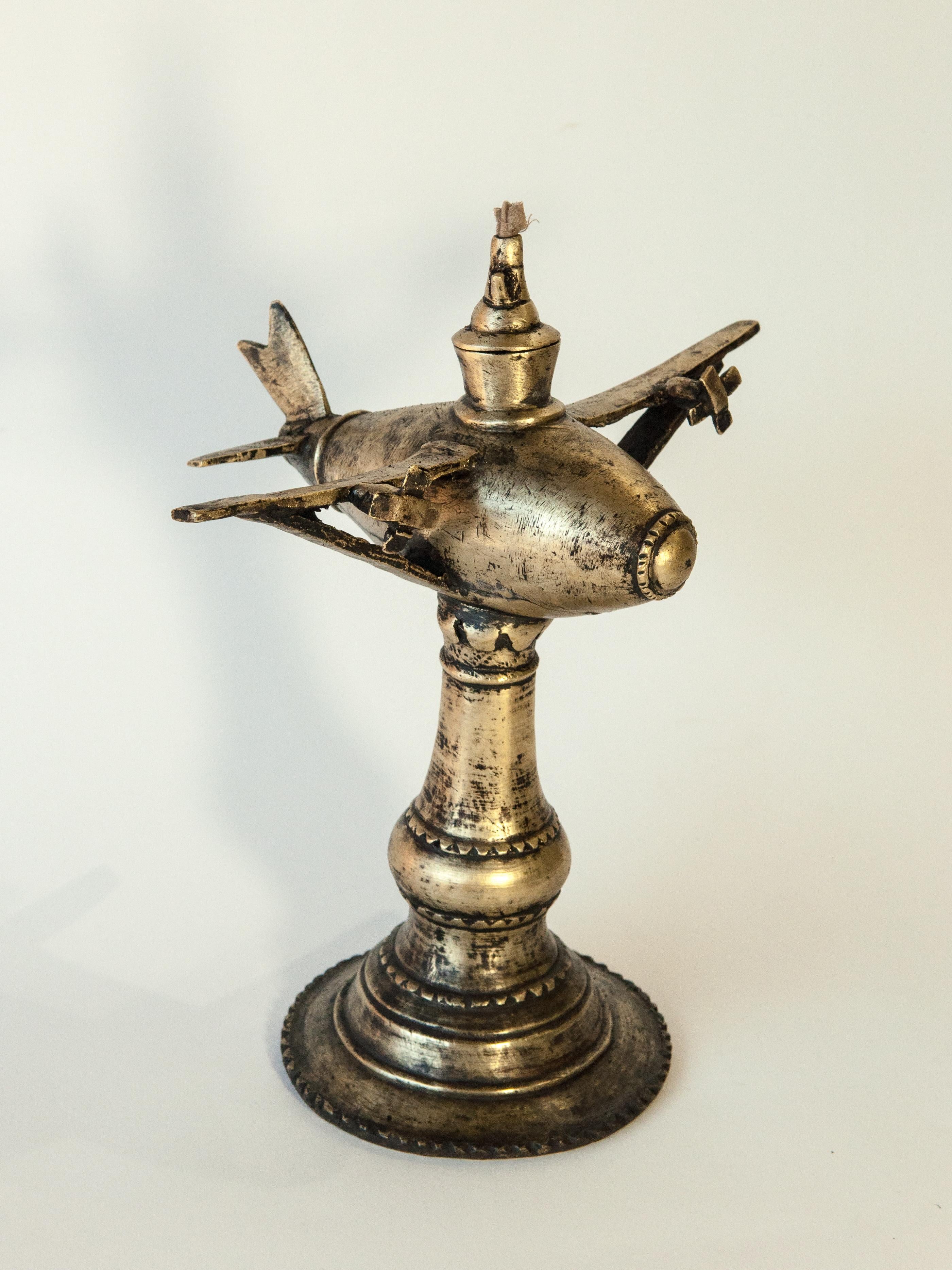 Mid-20th Century Vintage Bronze Oil Lamp Airplane Motif Rural Nepal, Mid-Late 20th Century