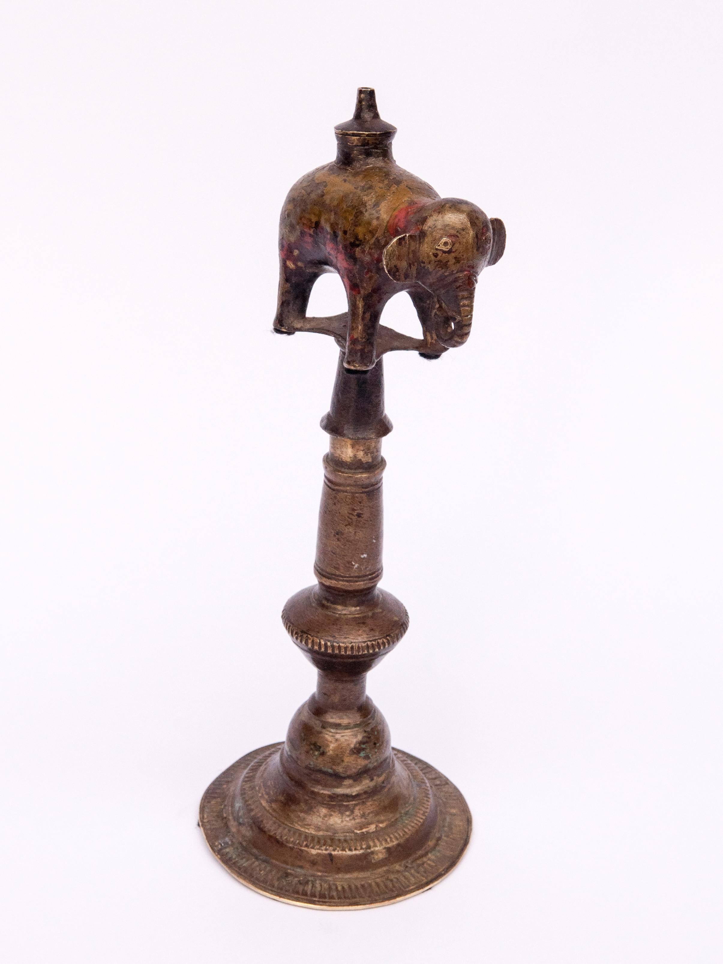 Nepalese Vintage Bronze Oil Lamp Elephant Motif, West Nepal, Mid-20th Century