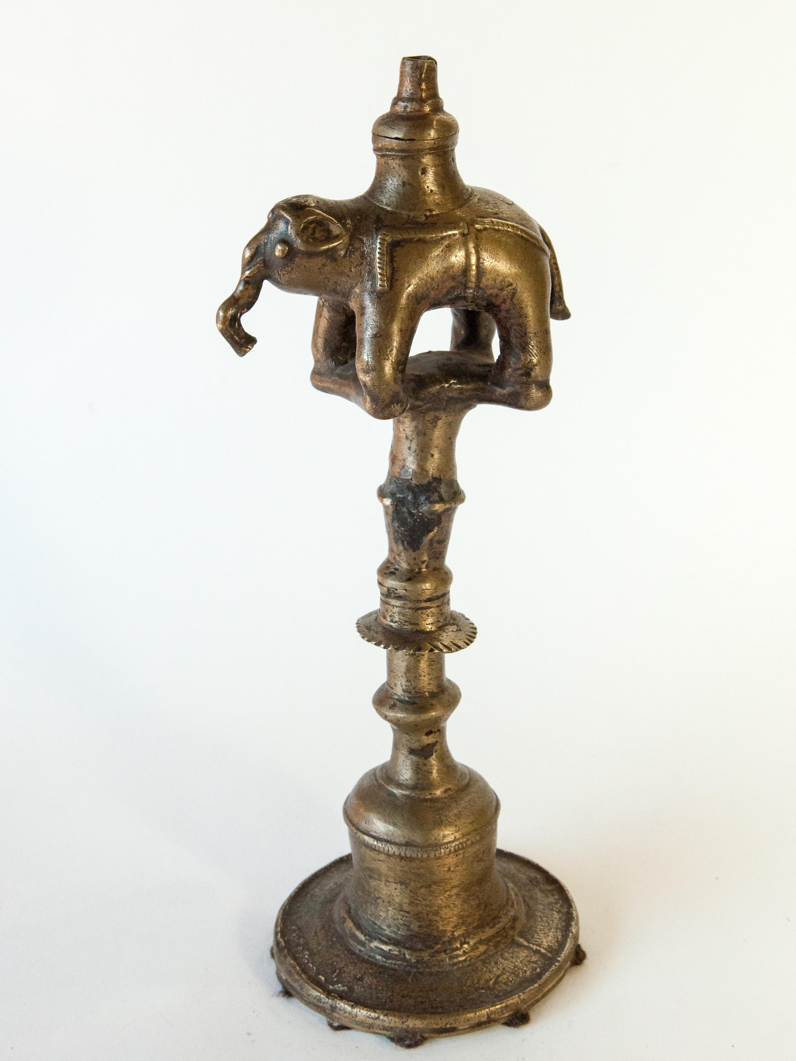 Folk Art Vintage Bronze Oil Lamp with Elephant Motif, Rural Nepal, Mid-Late 20th Century