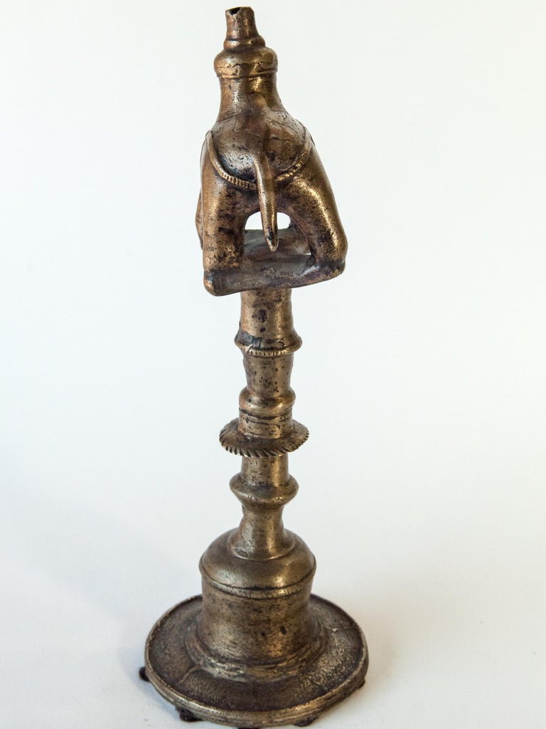 Hand-Crafted Vintage Bronze Oil Lamp with Elephant Motif, Rural Nepal, Mid-Late 20th Century For Sale