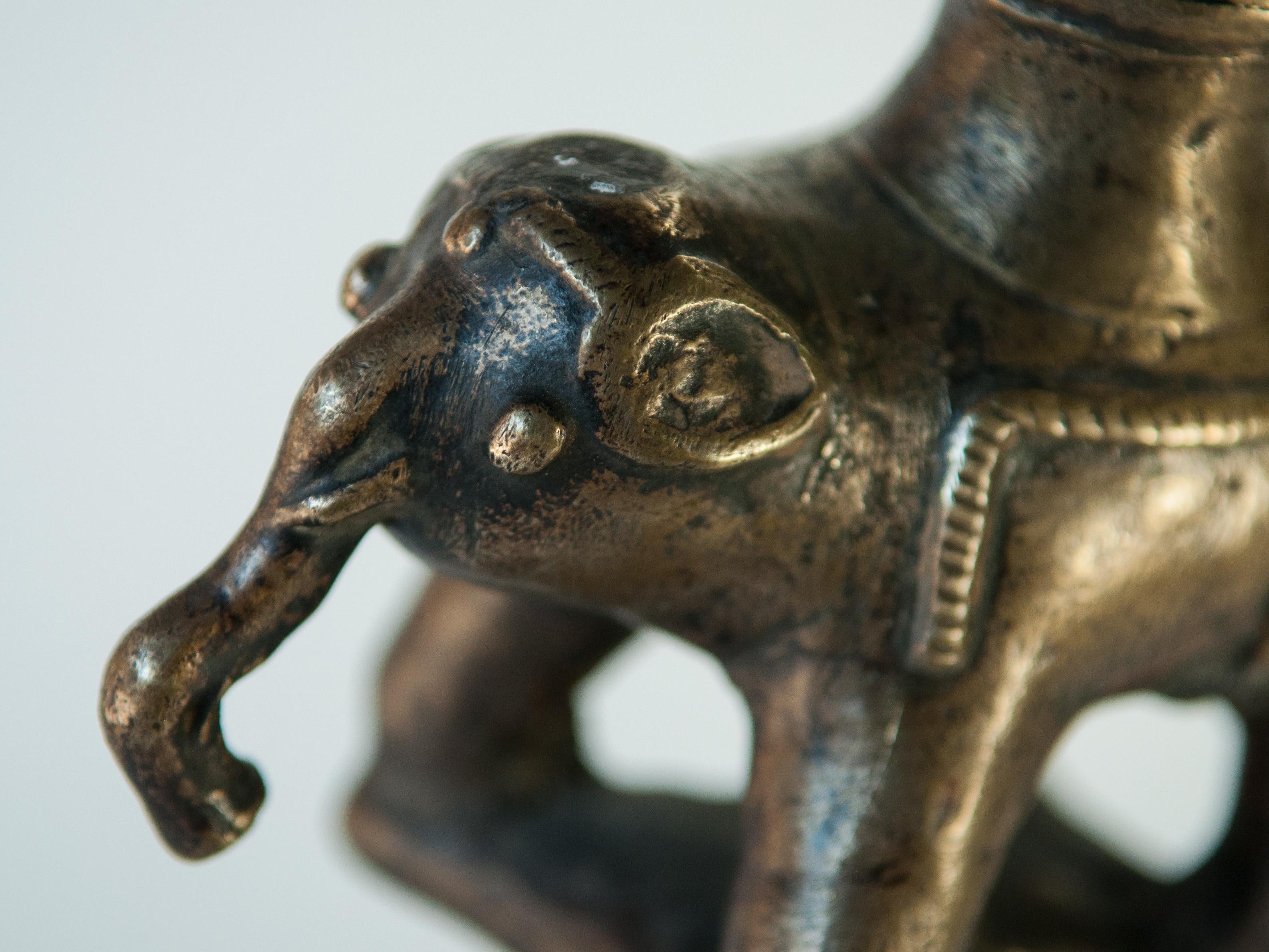 Hand-Crafted Vintage Bronze Oil Lamp with Elephant Motif, Rural Nepal, Mid-Late 20th Century
