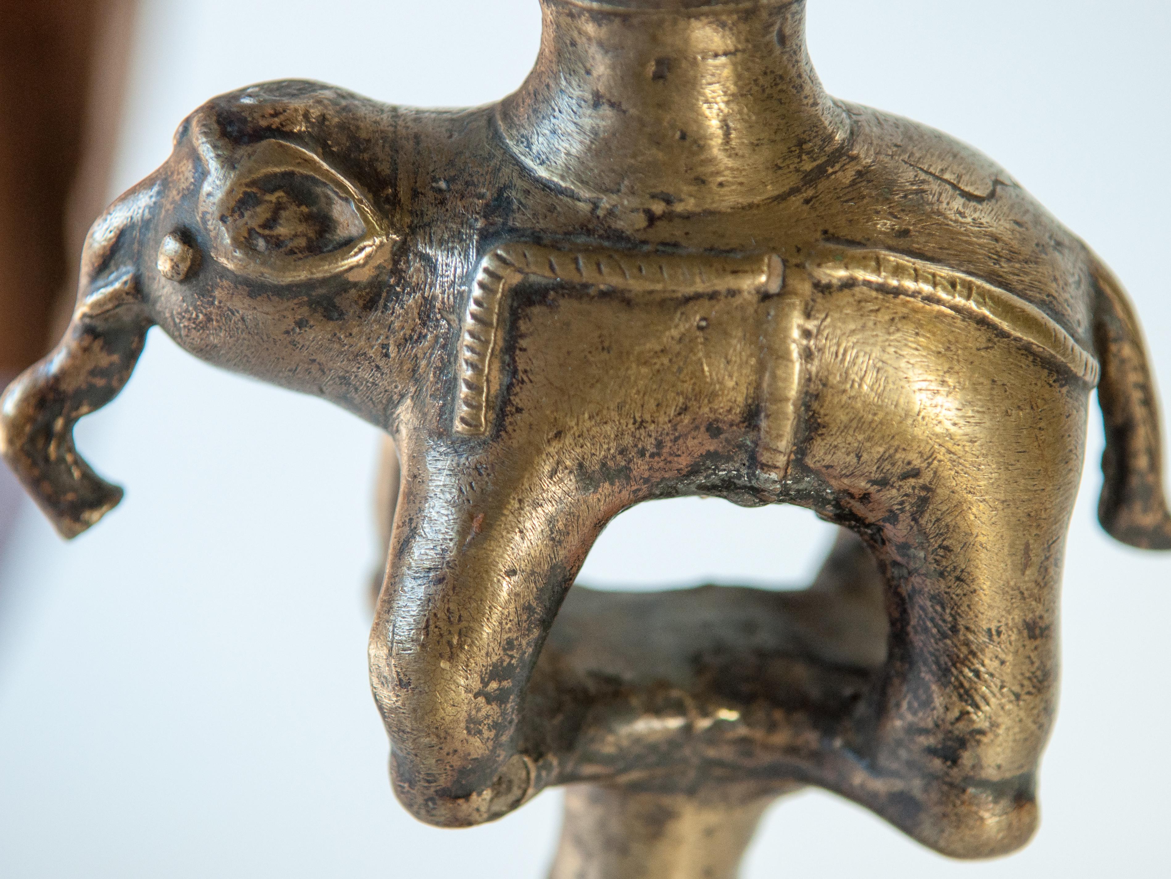 Vintage Bronze Oil Lamp with Elephant Motif, Rural Nepal, Mid-Late 20th Century In Good Condition In Point Richmond, CA