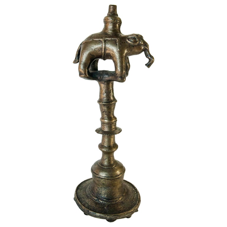 Vintage Bronze Oil Lamp with Elephant Motif, Rural Nepal, Mid-Late 20th Century For Sale
