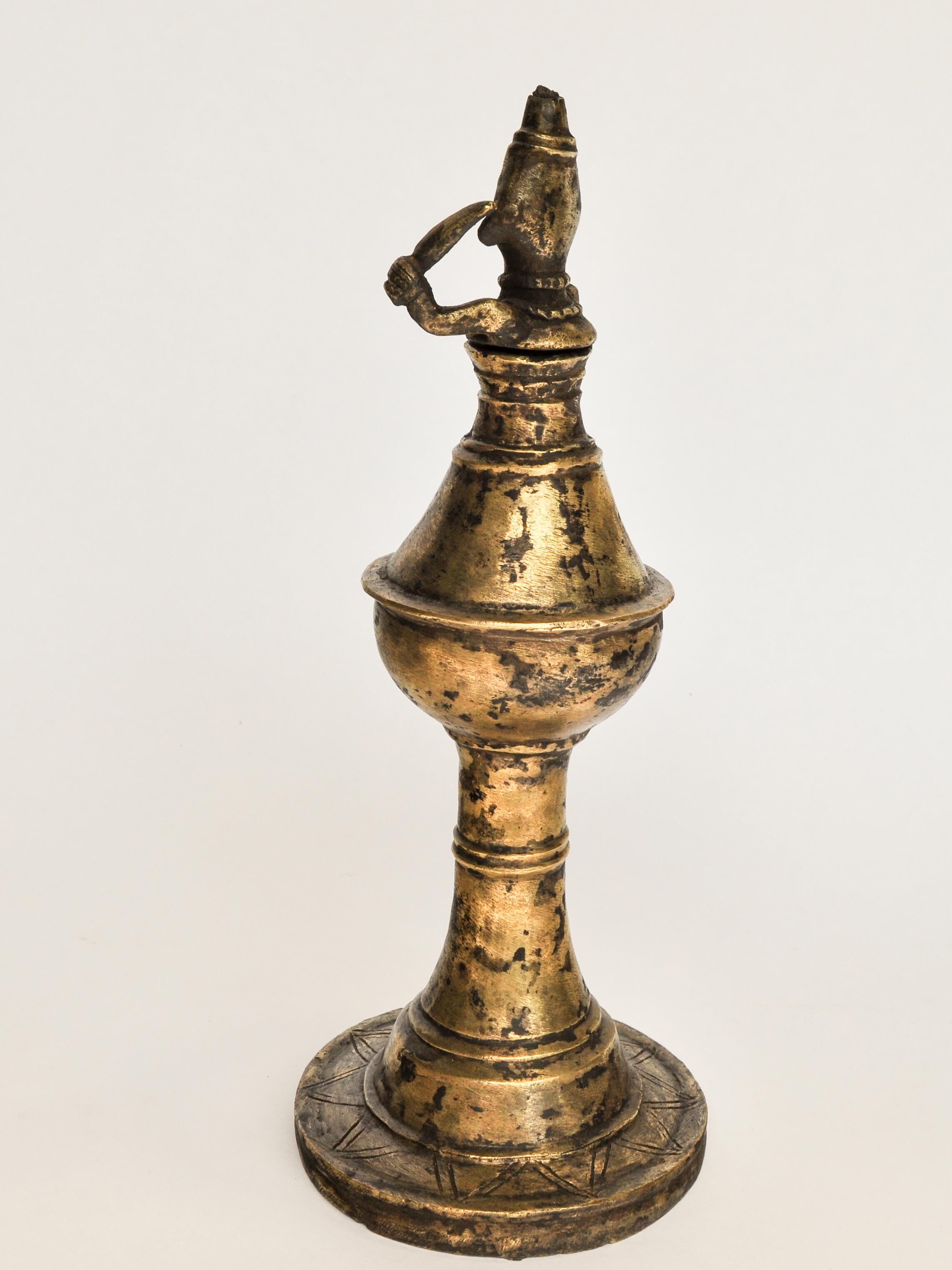 Vintage Bronze Oil Lamp with Shaman Figure from West Nepal, Mid-20th Century 5