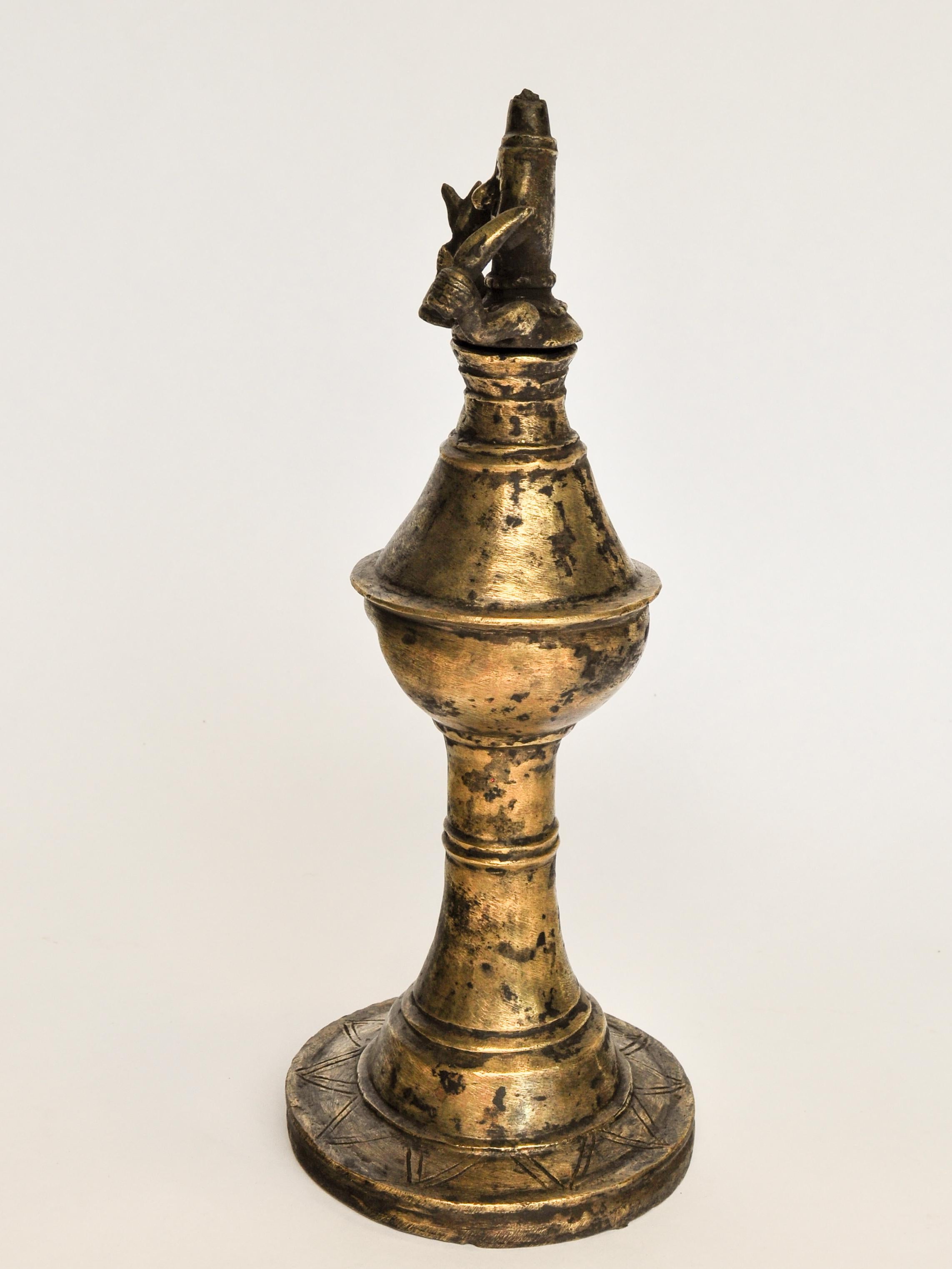Vintage Bronze Oil Lamp with Shaman Figure from West Nepal, Mid-20th Century 6