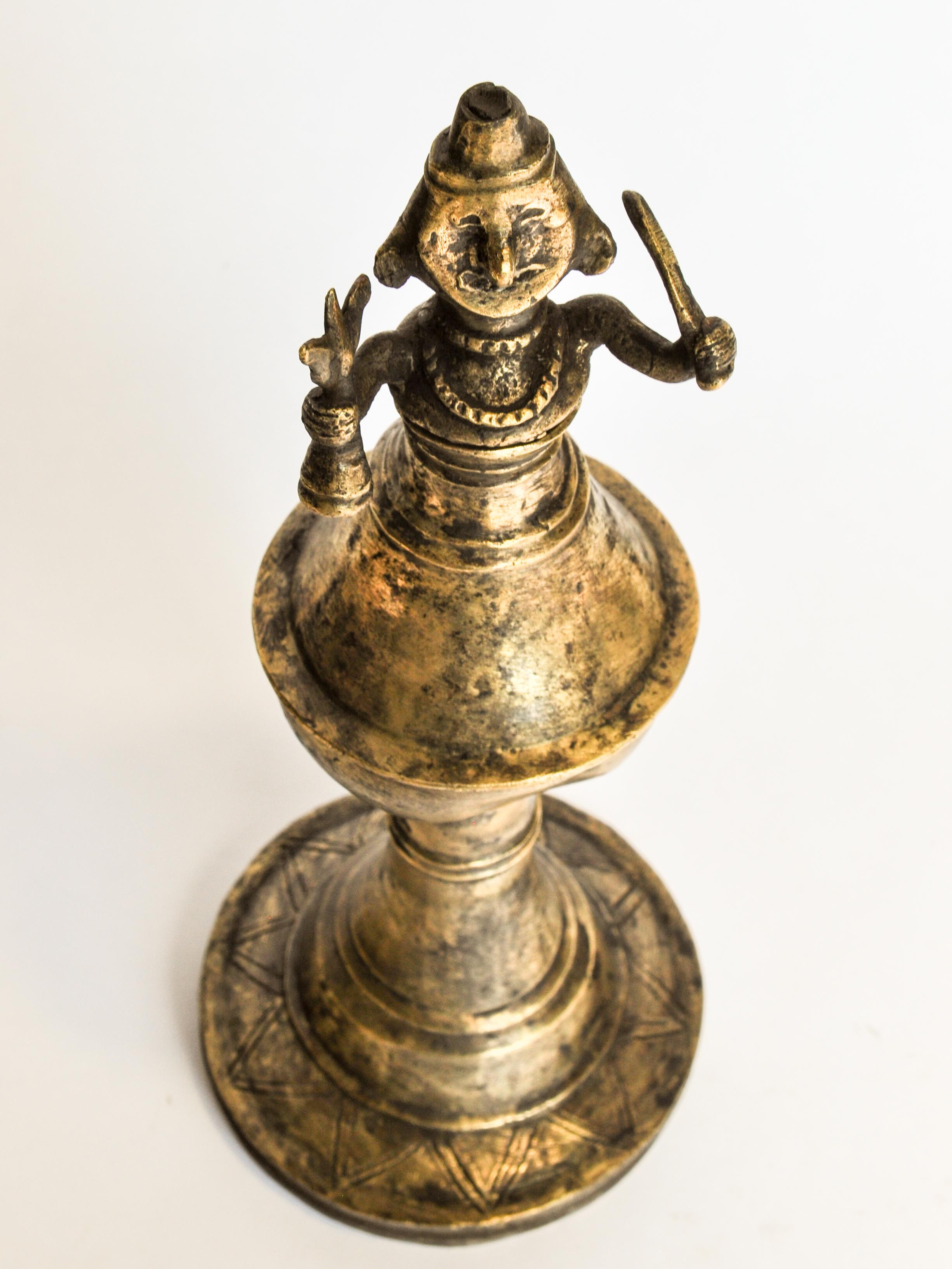 Vintage Bronze Oil Lamp with Shaman Figure from West Nepal, Mid-20th Century 13