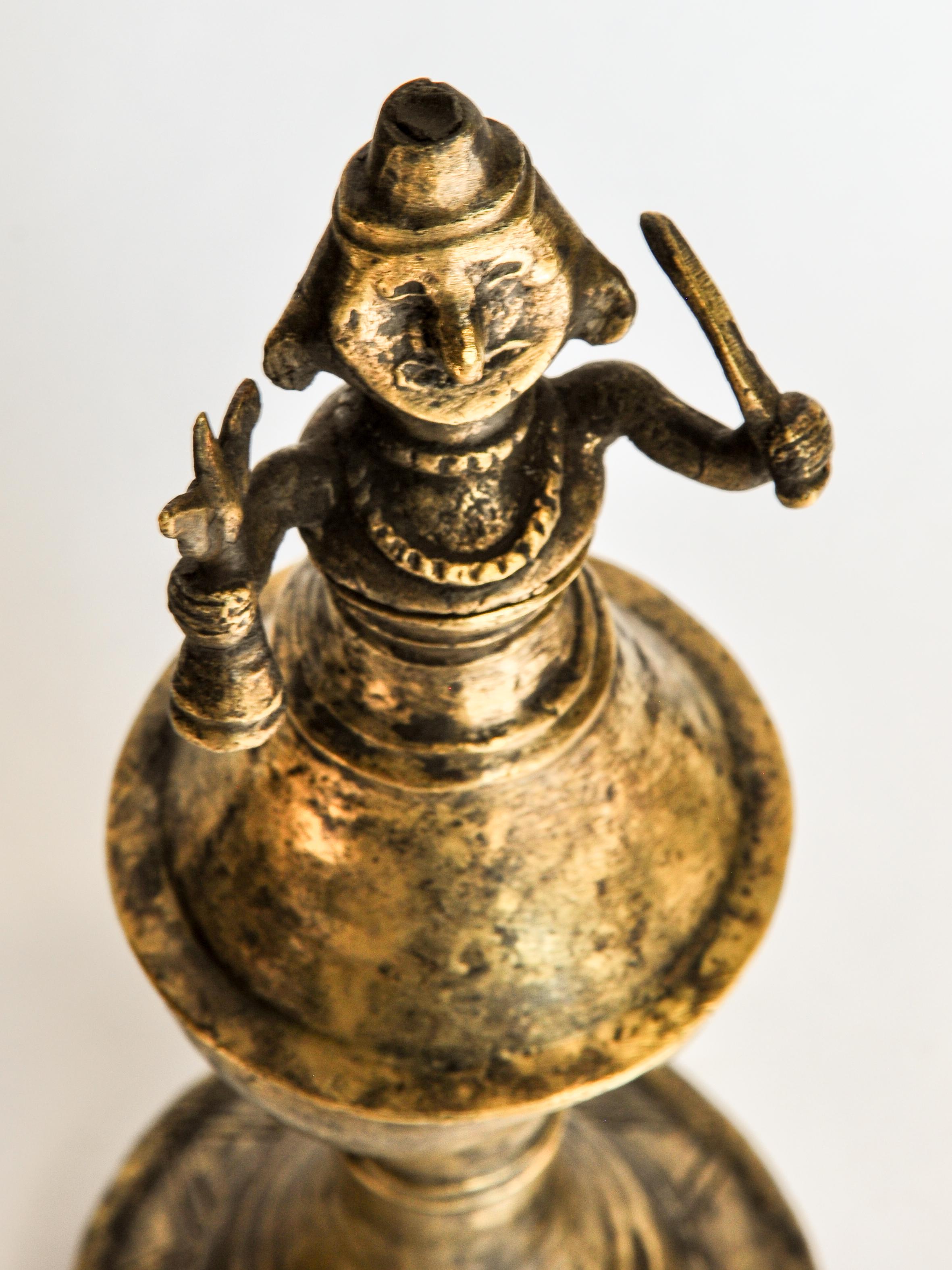 Vintage Bronze Oil Lamp with Shaman Figure from West Nepal, Mid-20th Century 14
