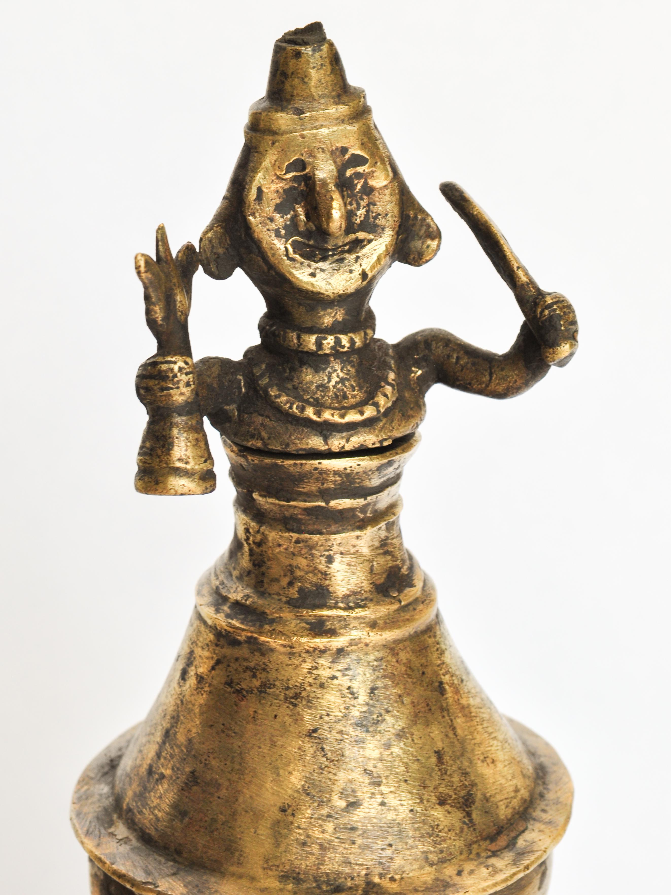 Tribal Vintage Bronze Oil Lamp with Shaman Figure from West Nepal, Mid-20th Century