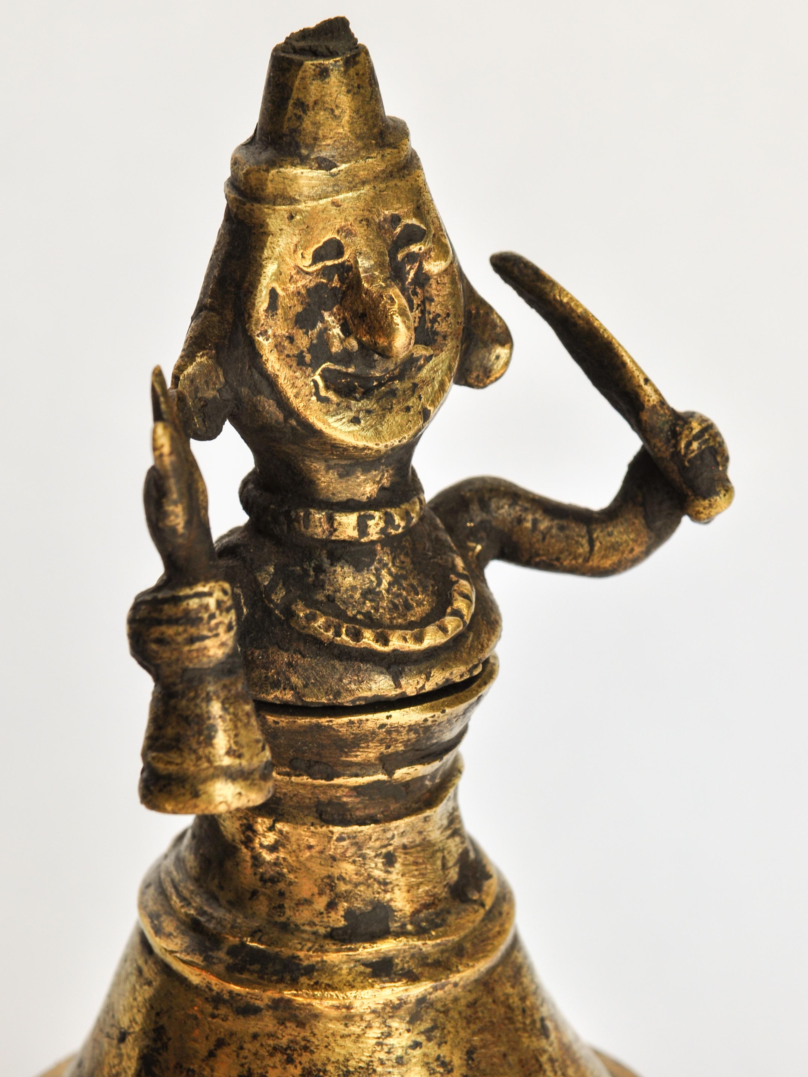 Nepalese Vintage Bronze Oil Lamp with Shaman Figure from West Nepal, Mid-20th Century
