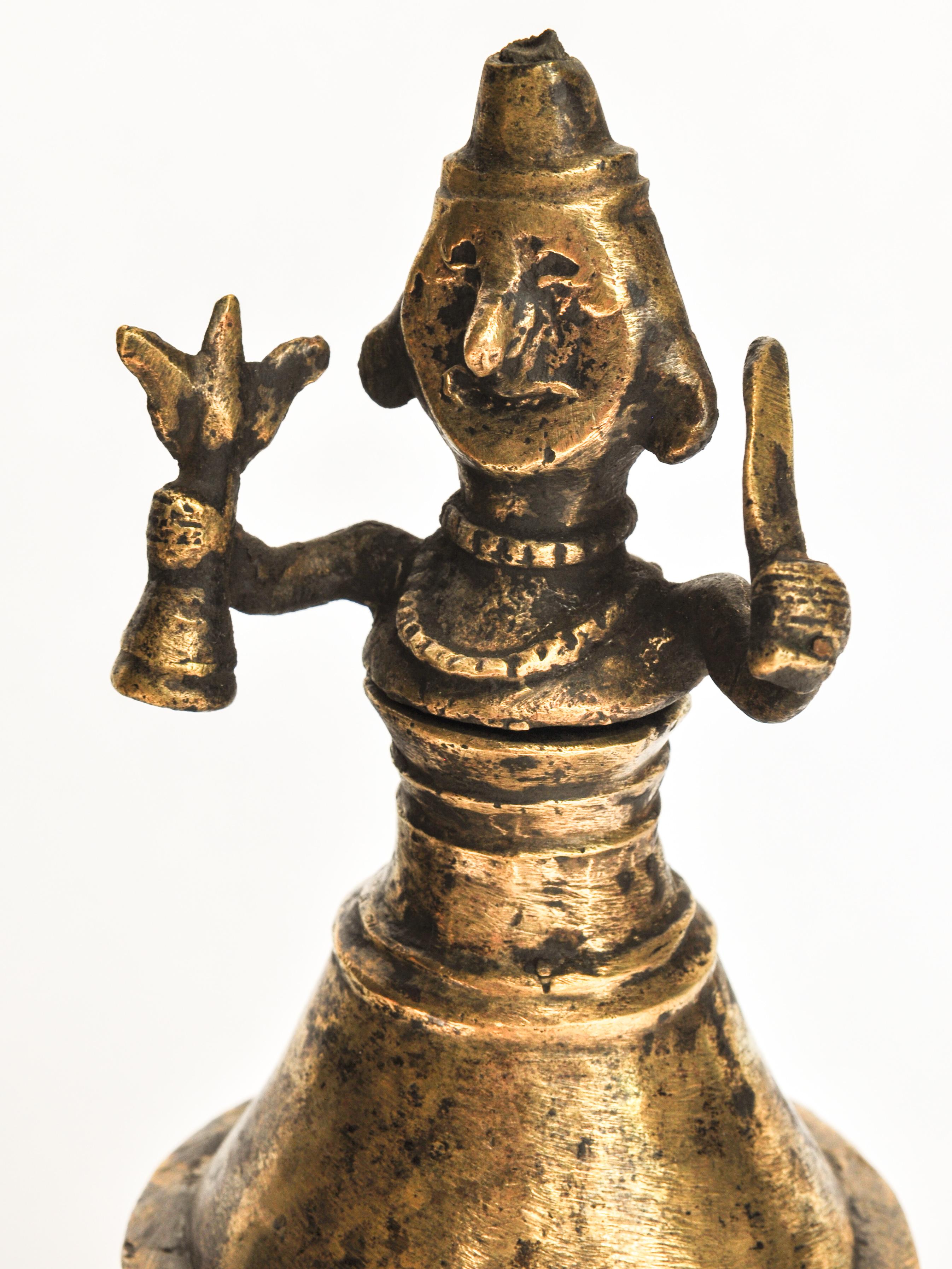 Hand-Crafted Vintage Bronze Oil Lamp with Shaman Figure from West Nepal, Mid-20th Century
