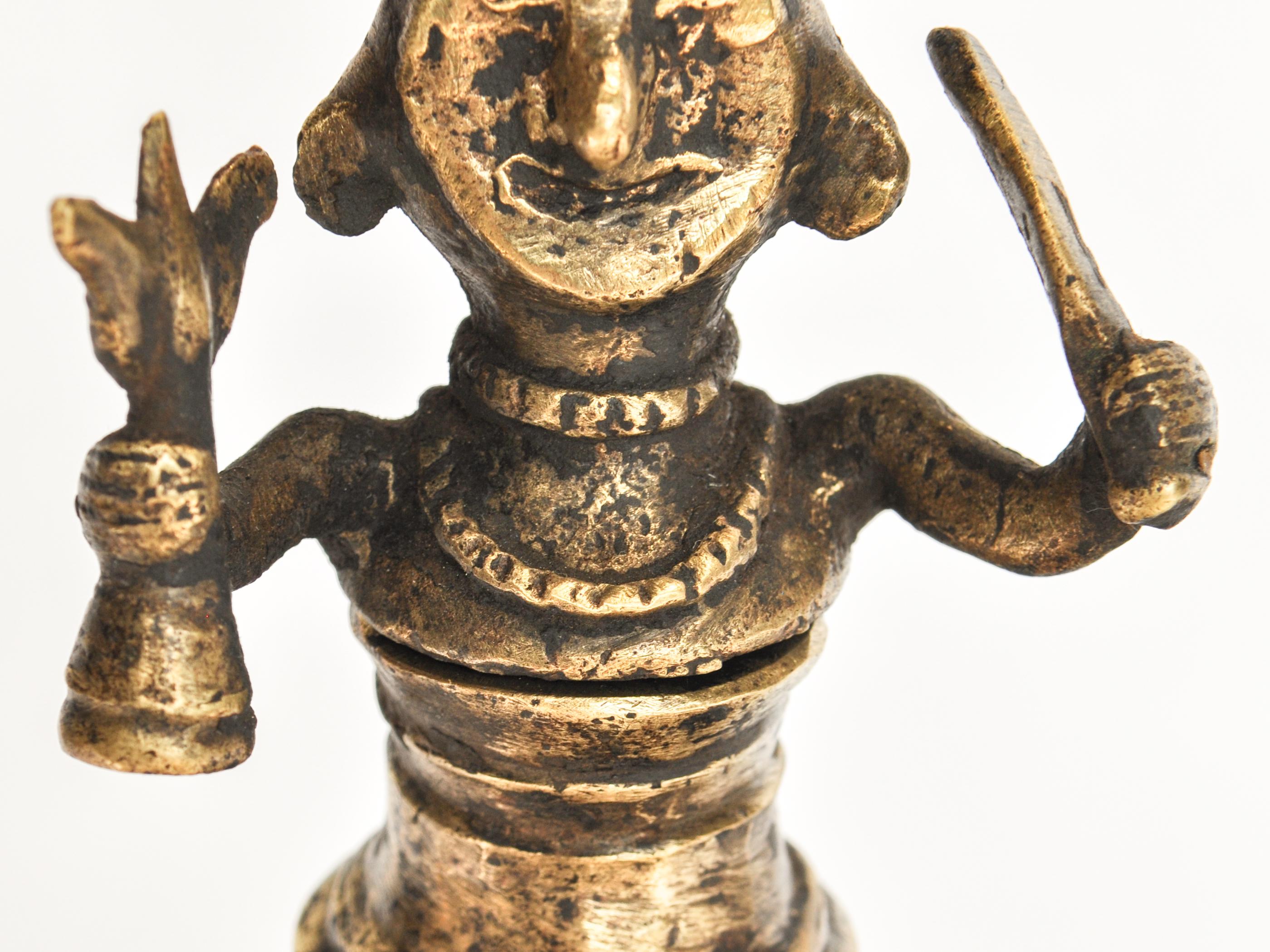 Vintage Bronze Oil Lamp with Shaman Figure from West Nepal, Mid-20th Century In Good Condition In Point Richmond, CA