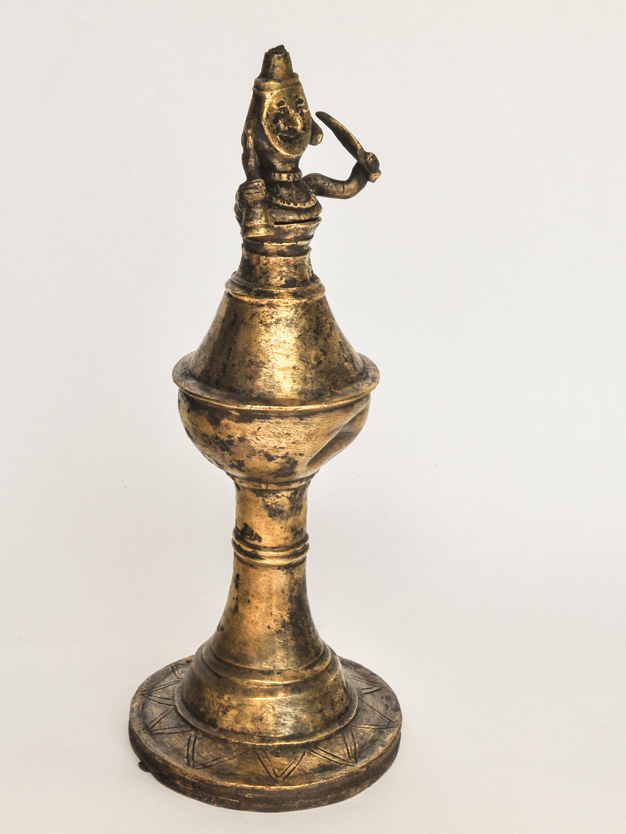 Vintage Bronze Oil Lamp with Shaman Figure from West Nepal, Mid-20th Century 2