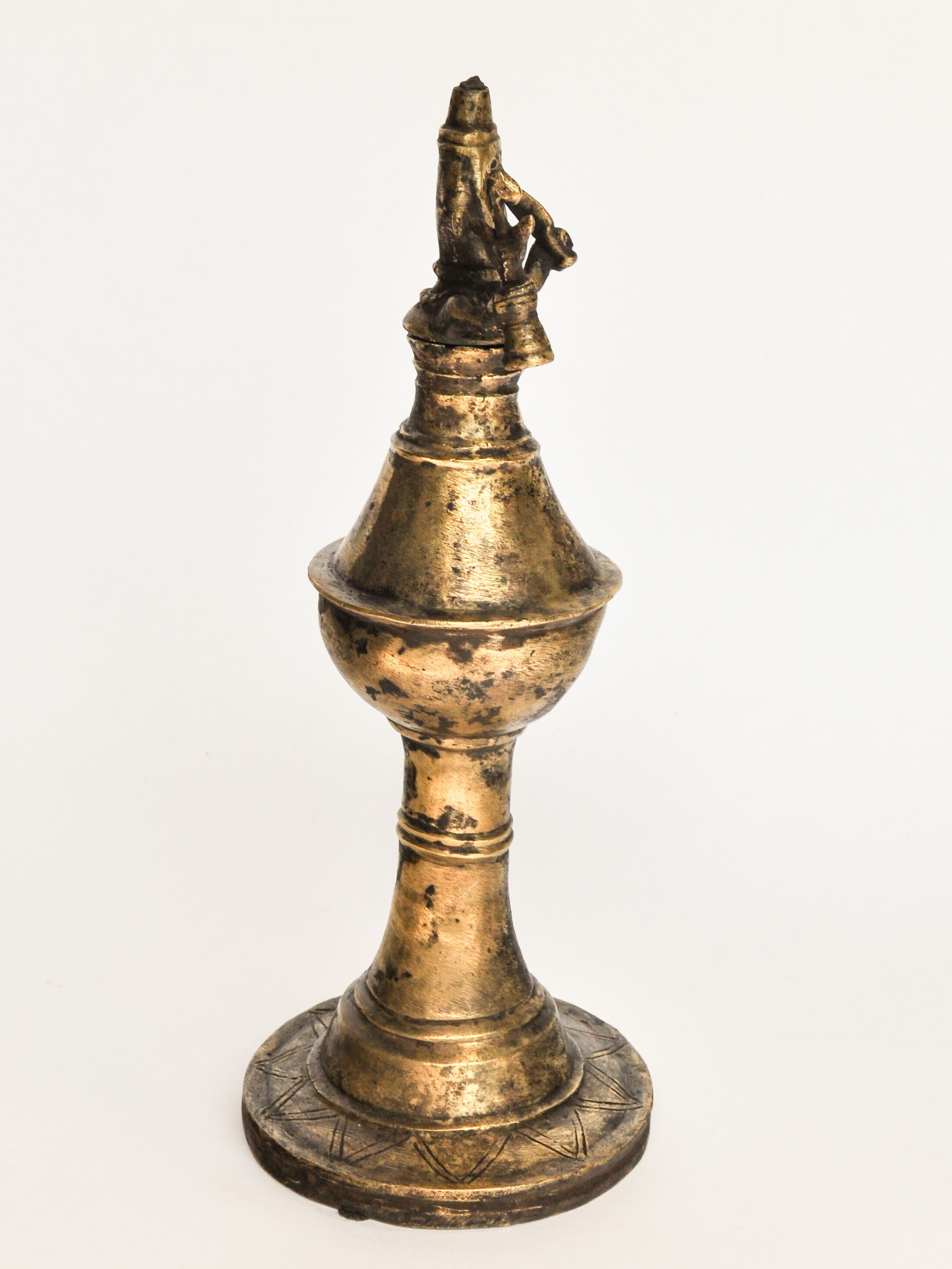 Vintage Bronze Oil Lamp with Shaman Figure from West Nepal, Mid-20th Century 3