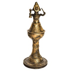 Vintage Bronze Oil Lamp with Shaman Figure from West Nepal, Mid-20th Century
