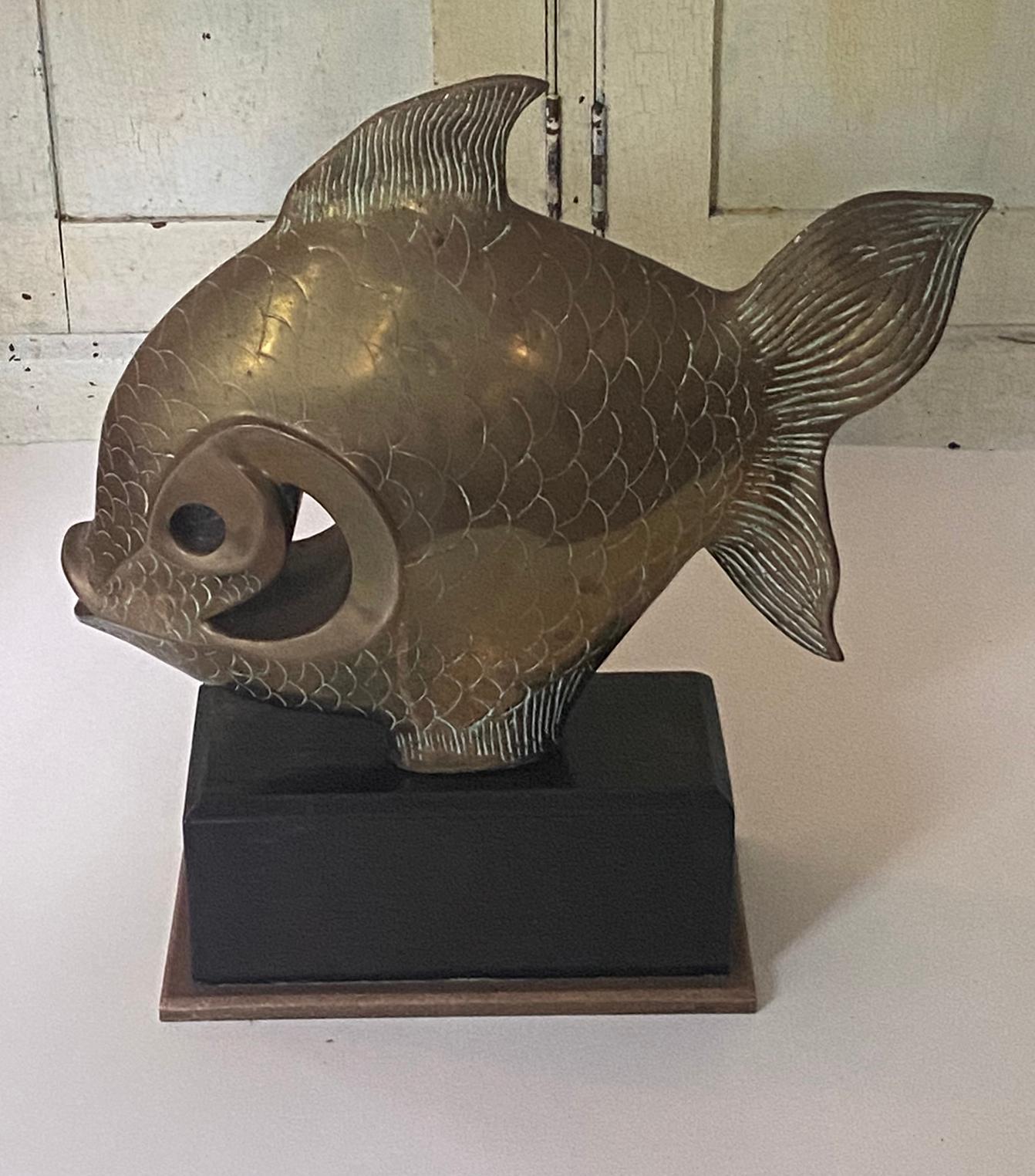Mid-Century Modern Vintage Bronze or Brass Fish Sculpture on Wooden Base 1980s For Sale