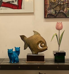Vintage Bronze or Brass Fish Sculpture on Wooden Base 1980s
