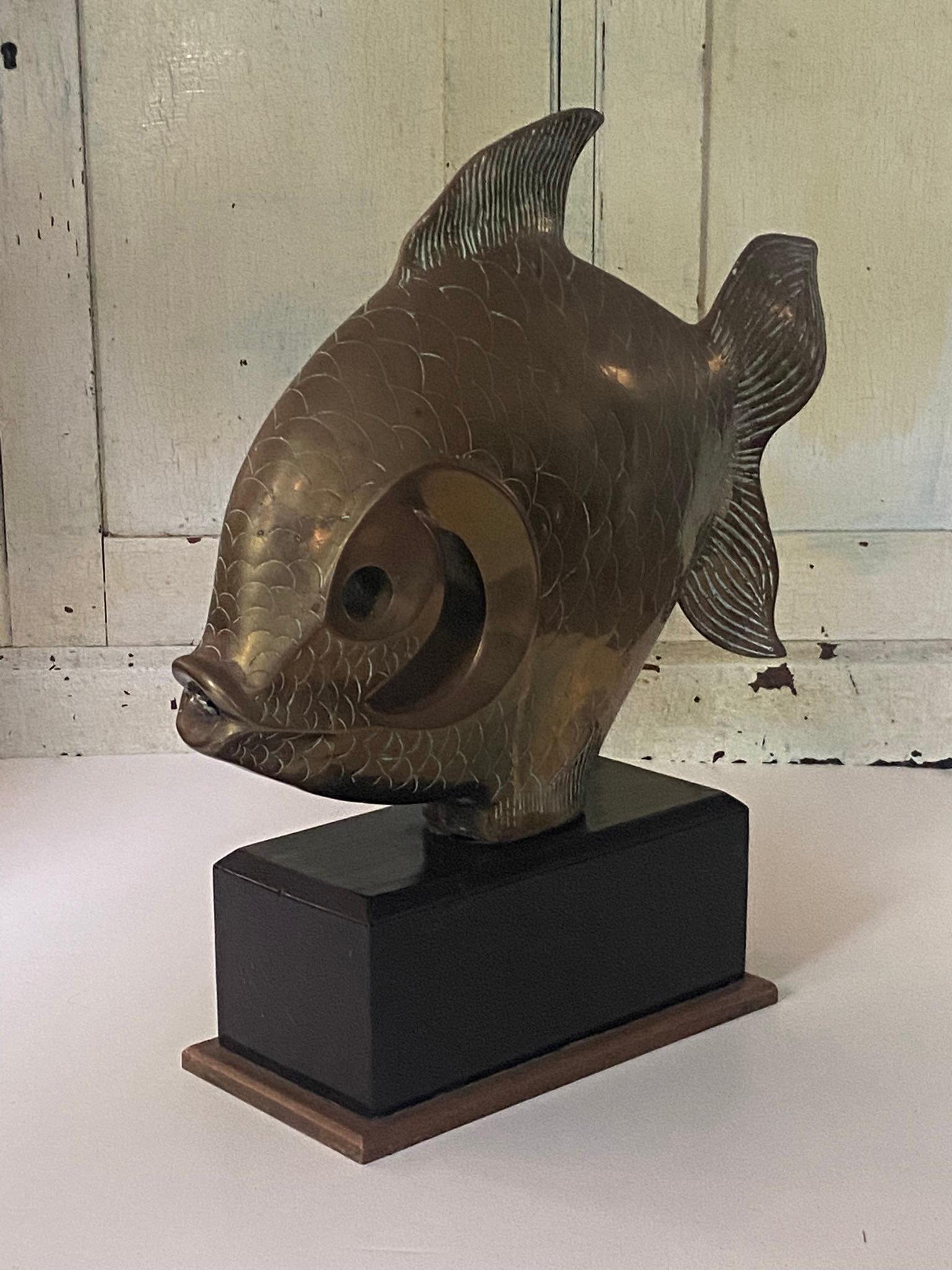 Mid-Century Modern Vintage Bronze or Brass Fish Sculpture on Wooden Base 1980s For Sale