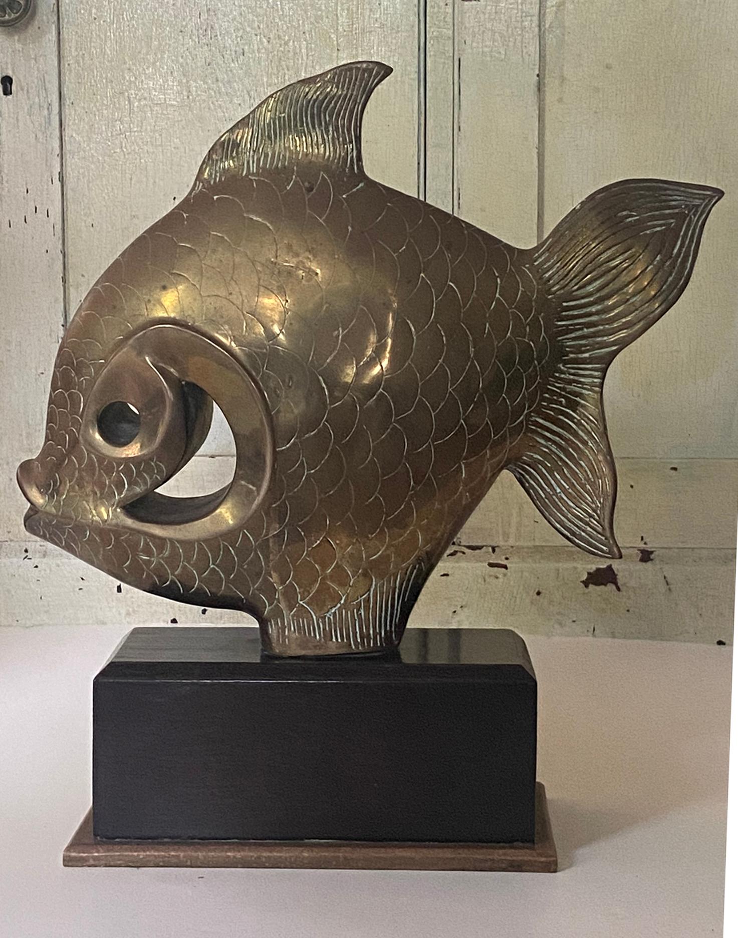 Cast Vintage Bronze or Brass Fish Sculpture on Wooden Base 1980s For Sale