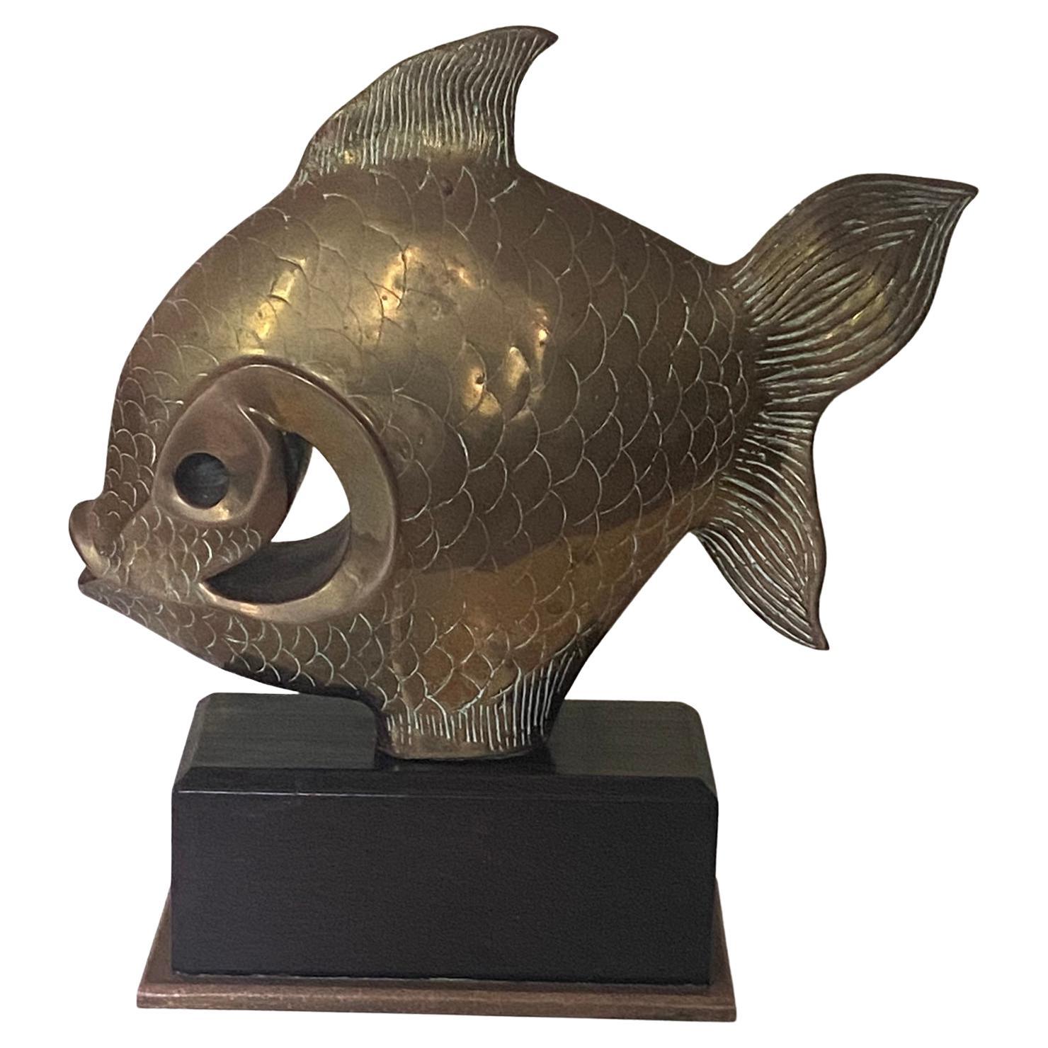 Vintage Bronze or Brass Fish Sculpture on Wooden Base 1980s For Sale