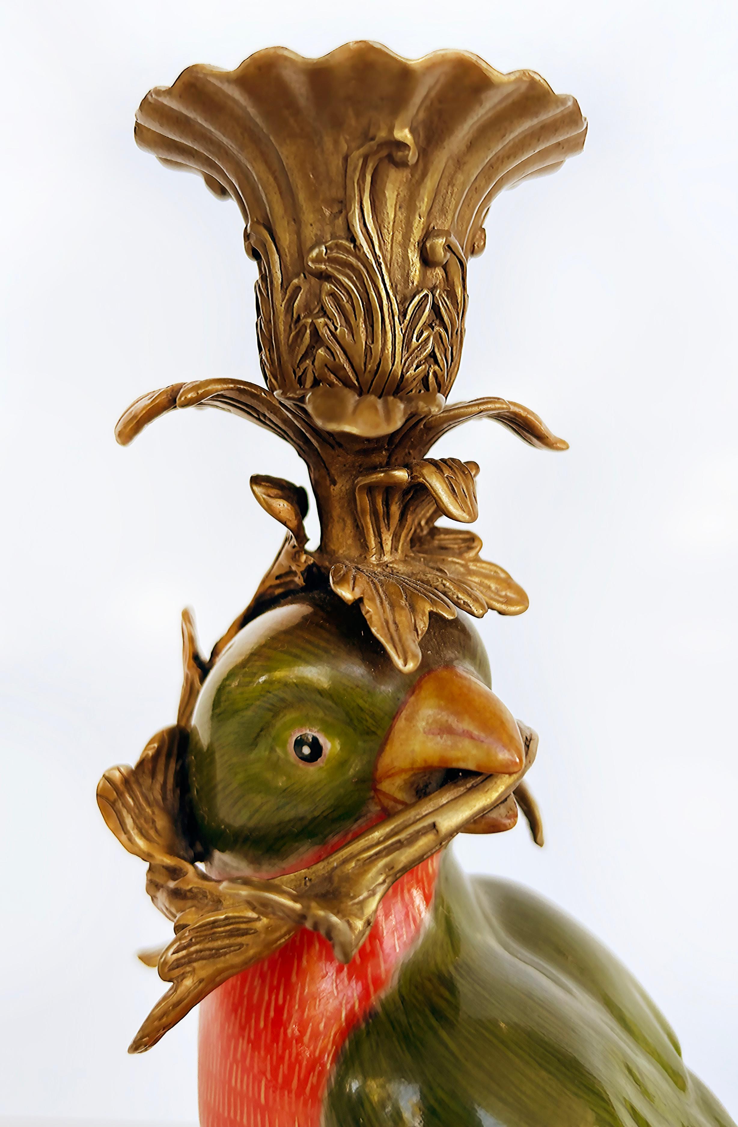 Vintage Bronze Painted Porcelain Exotic Bird Candlesticks, Pair For Sale 4