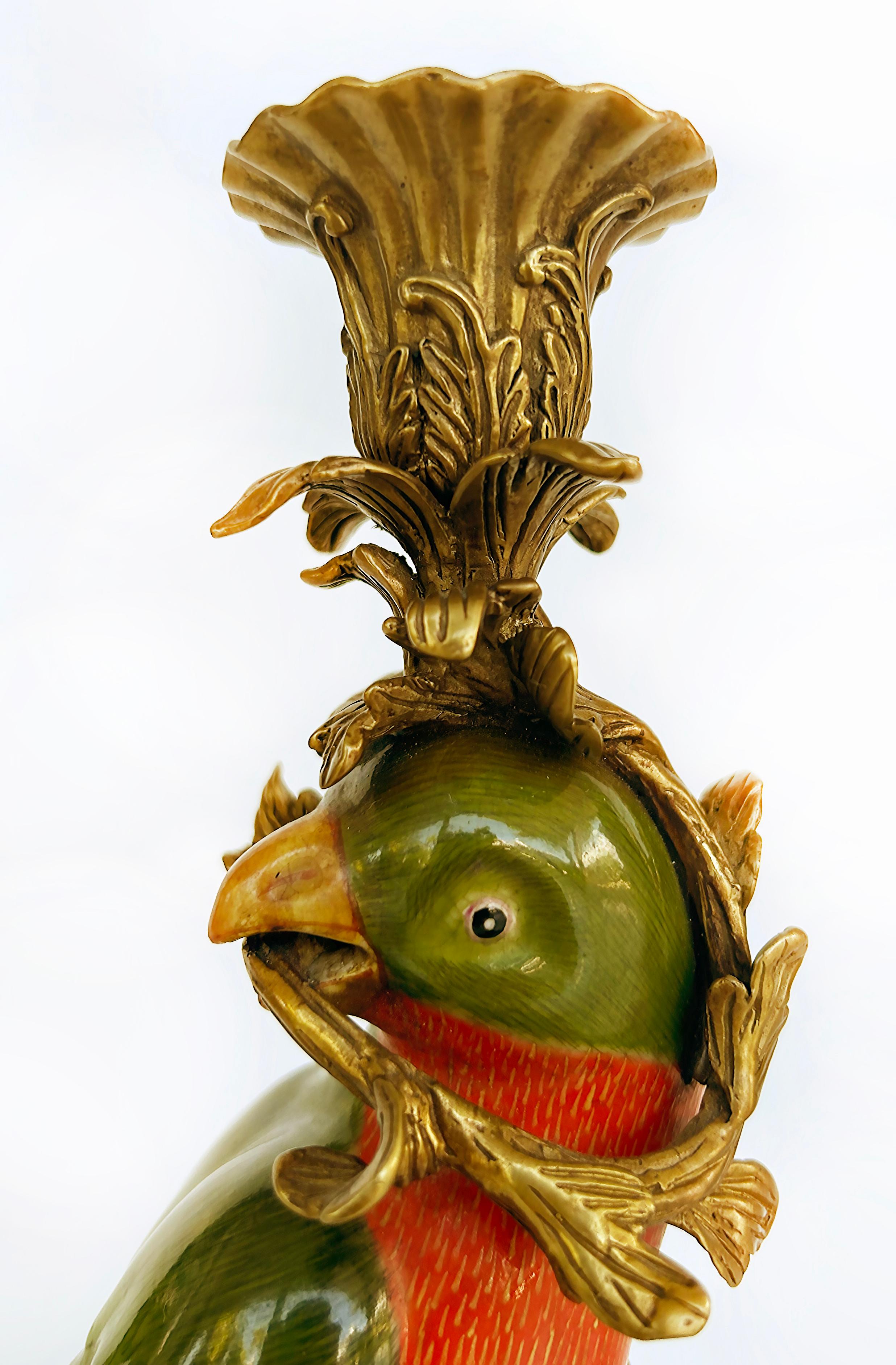 Vintage Bronze Painted Porcelain Exotic Bird Candlesticks, Pair For Sale 5