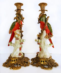 Vintage Bronze Painted Porcelain Exotic Bird Candlesticks, Pair