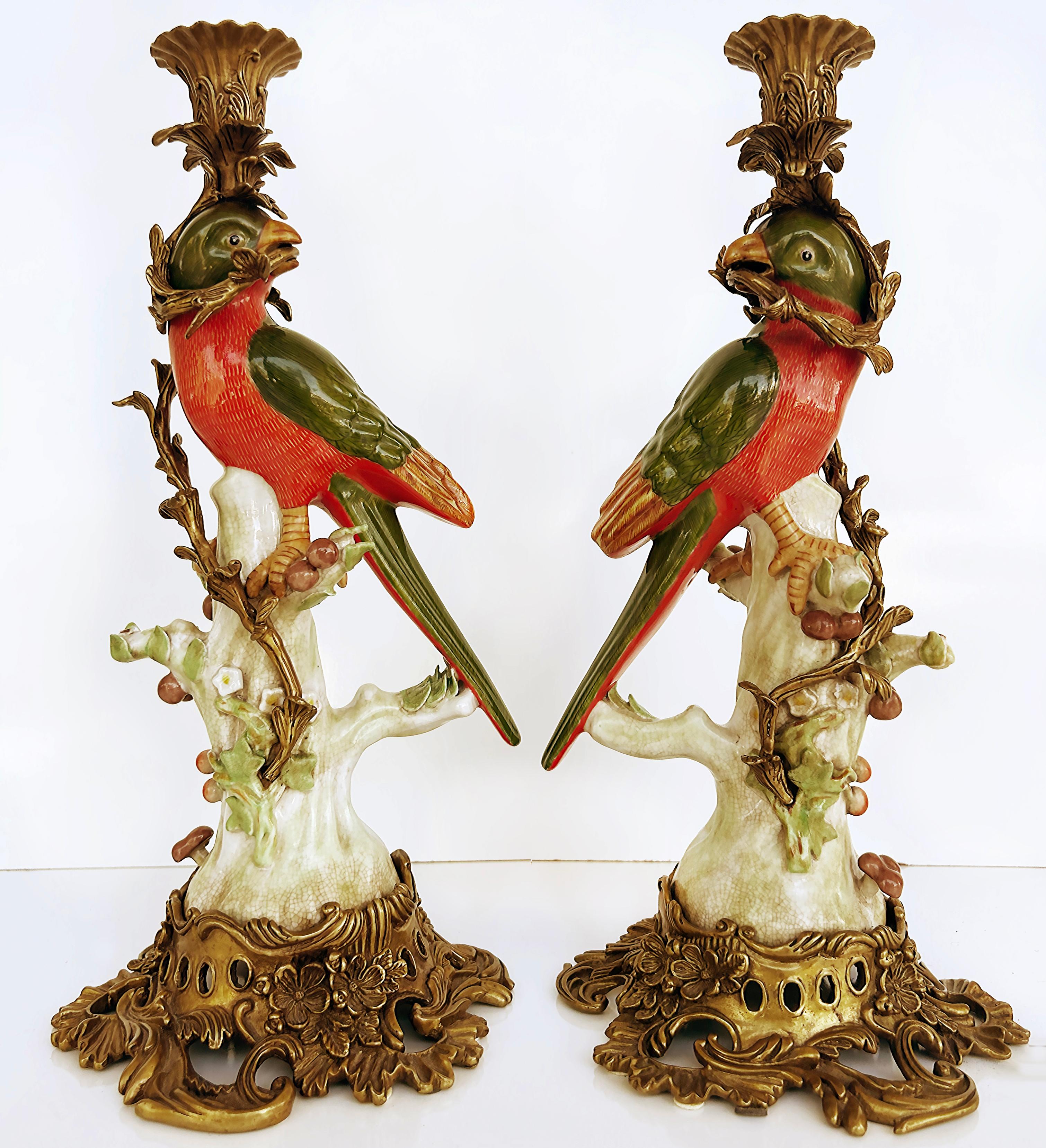 Glazed Vintage Bronze Painted Porcelain Exotic Bird Candlesticks, Pair For Sale