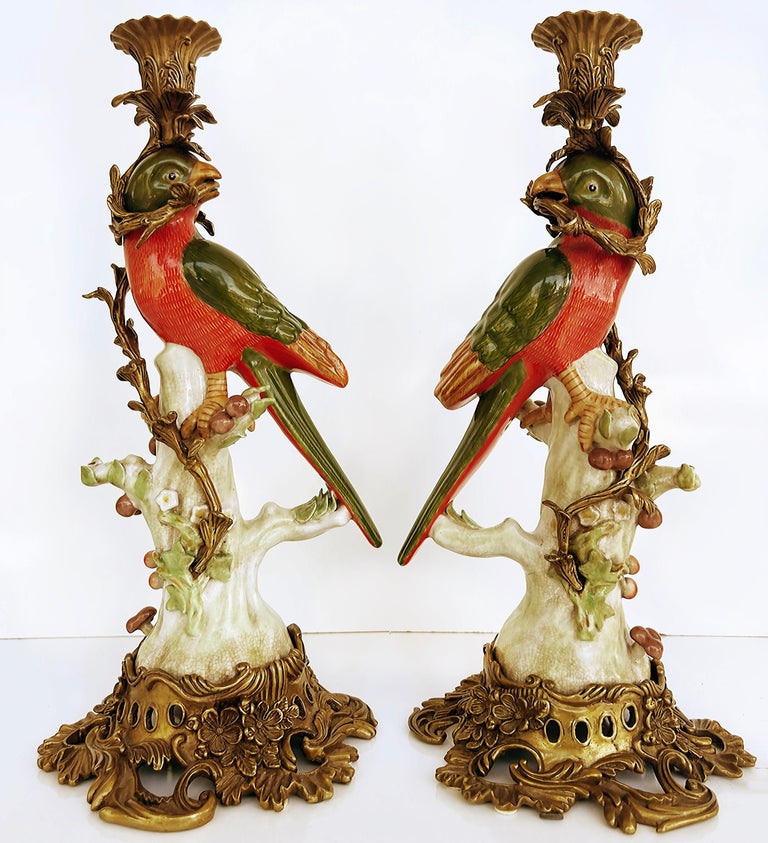 Paire De Bougeoirs Perroquet - Porcelaine Et Bronze, Vert, Déco Vintage