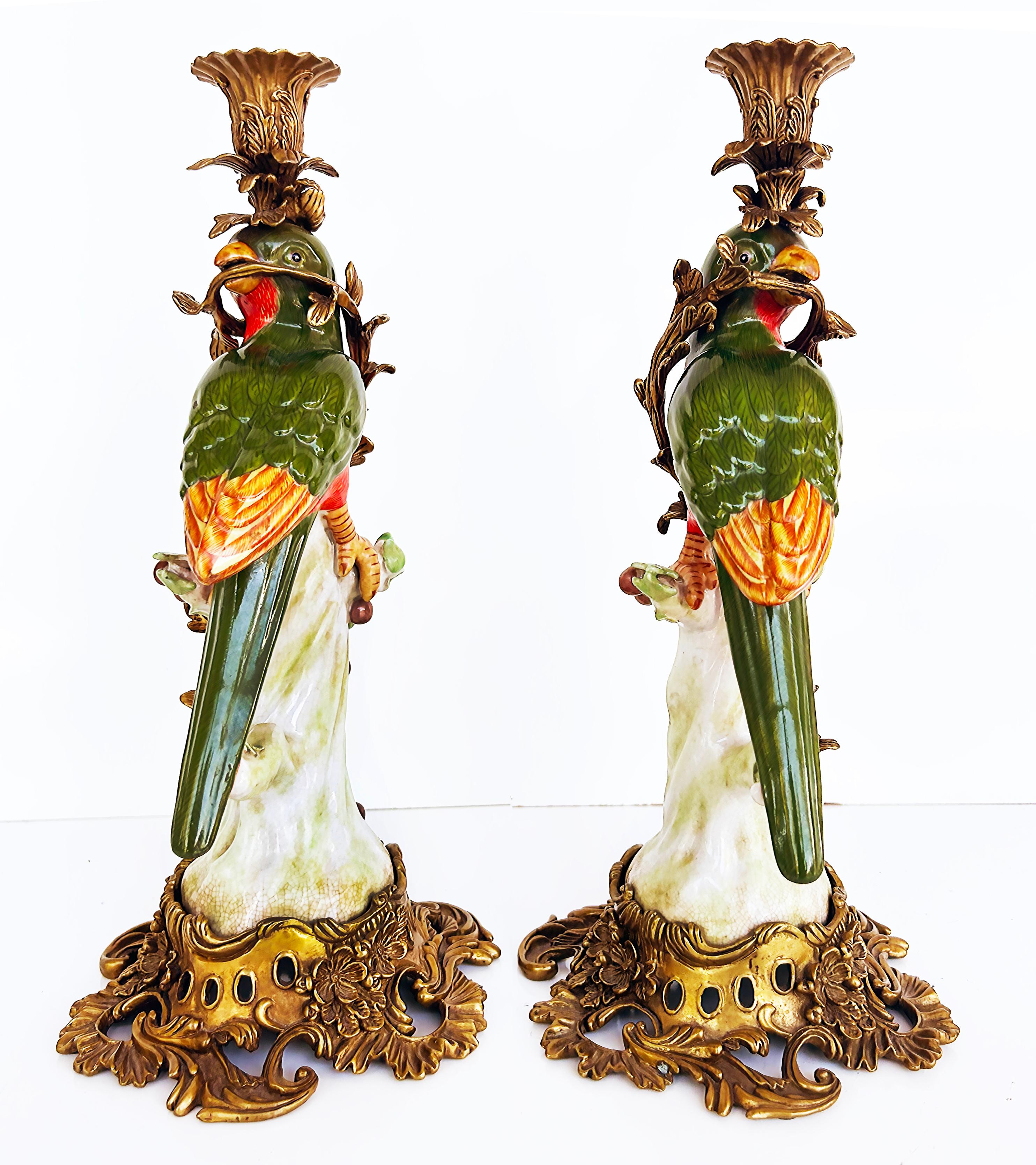 Vintage Bronze Painted Porcelain Exotic Bird Candlesticks, Pair In Good Condition For Sale In Miami, FL