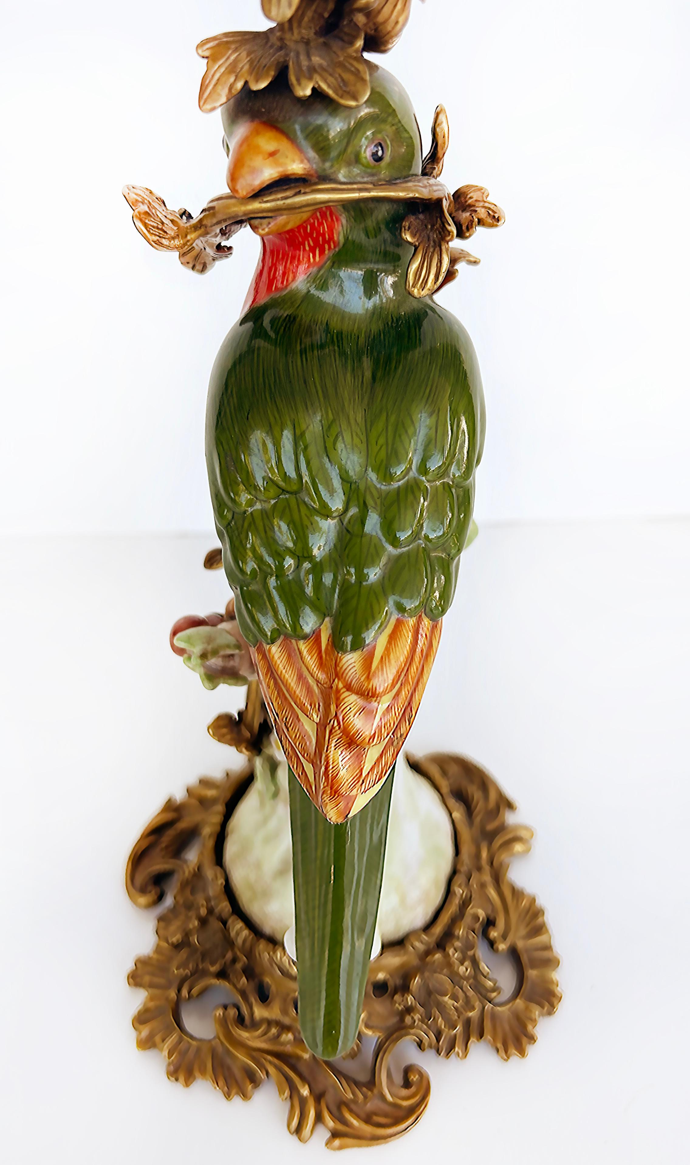 20th Century Vintage Bronze Painted Porcelain Exotic Bird Candlesticks, Pair For Sale