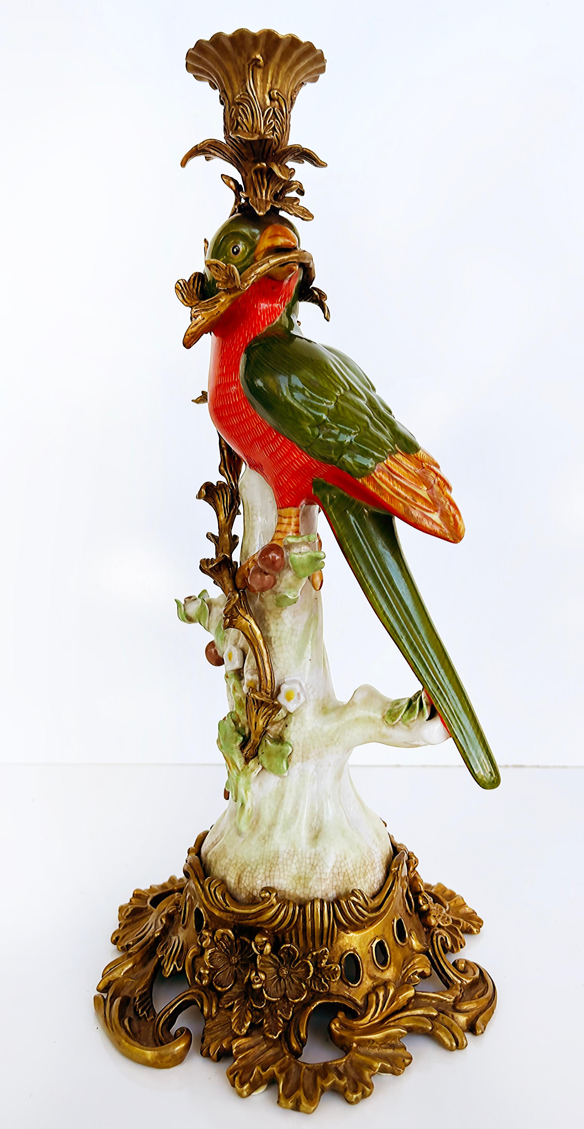 Vintage Bronze Painted Porcelain Exotic Bird Candlesticks, Pair For Sale 3