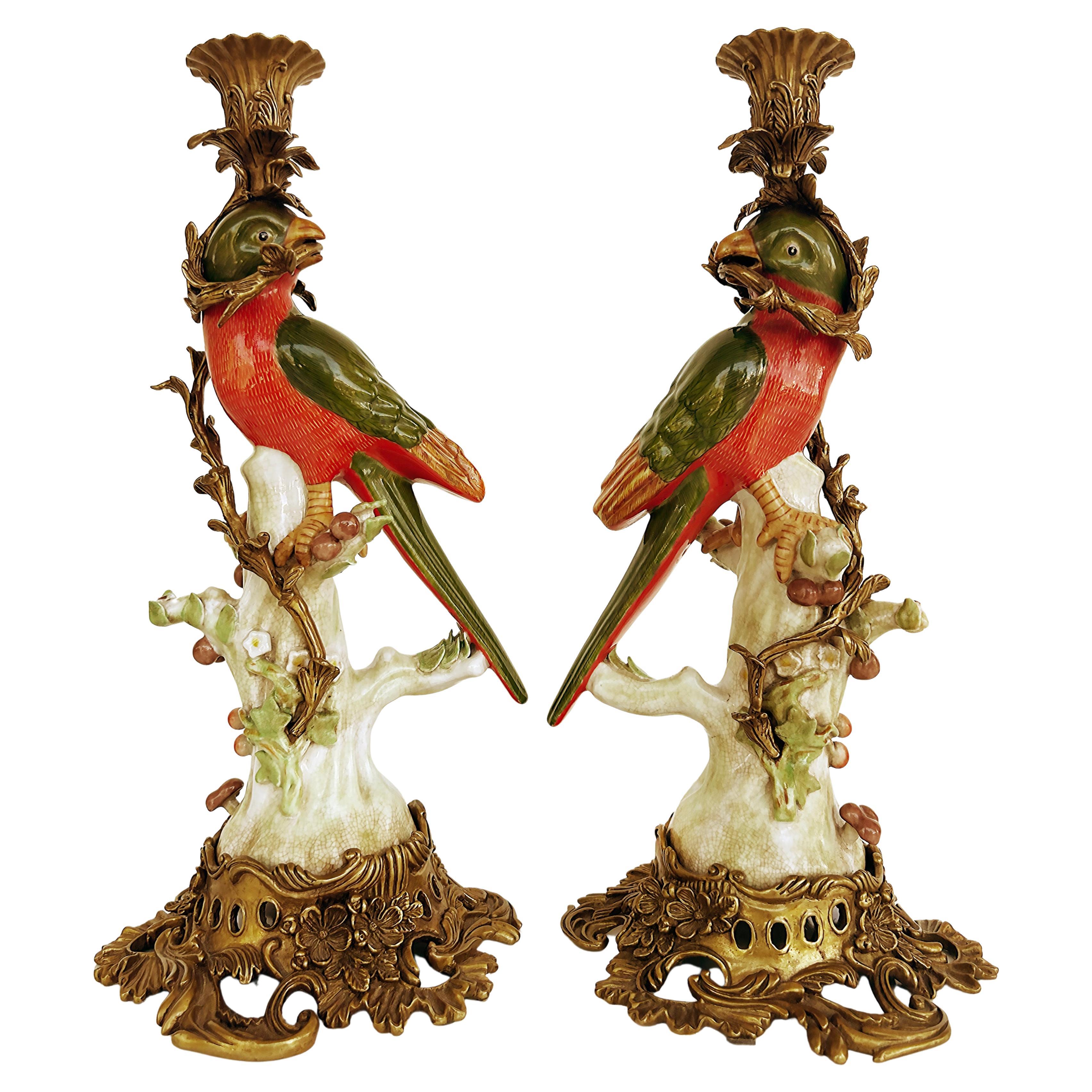 Vintage Bronze Painted Porcelain Exotic Bird Candlesticks, Pair For Sale