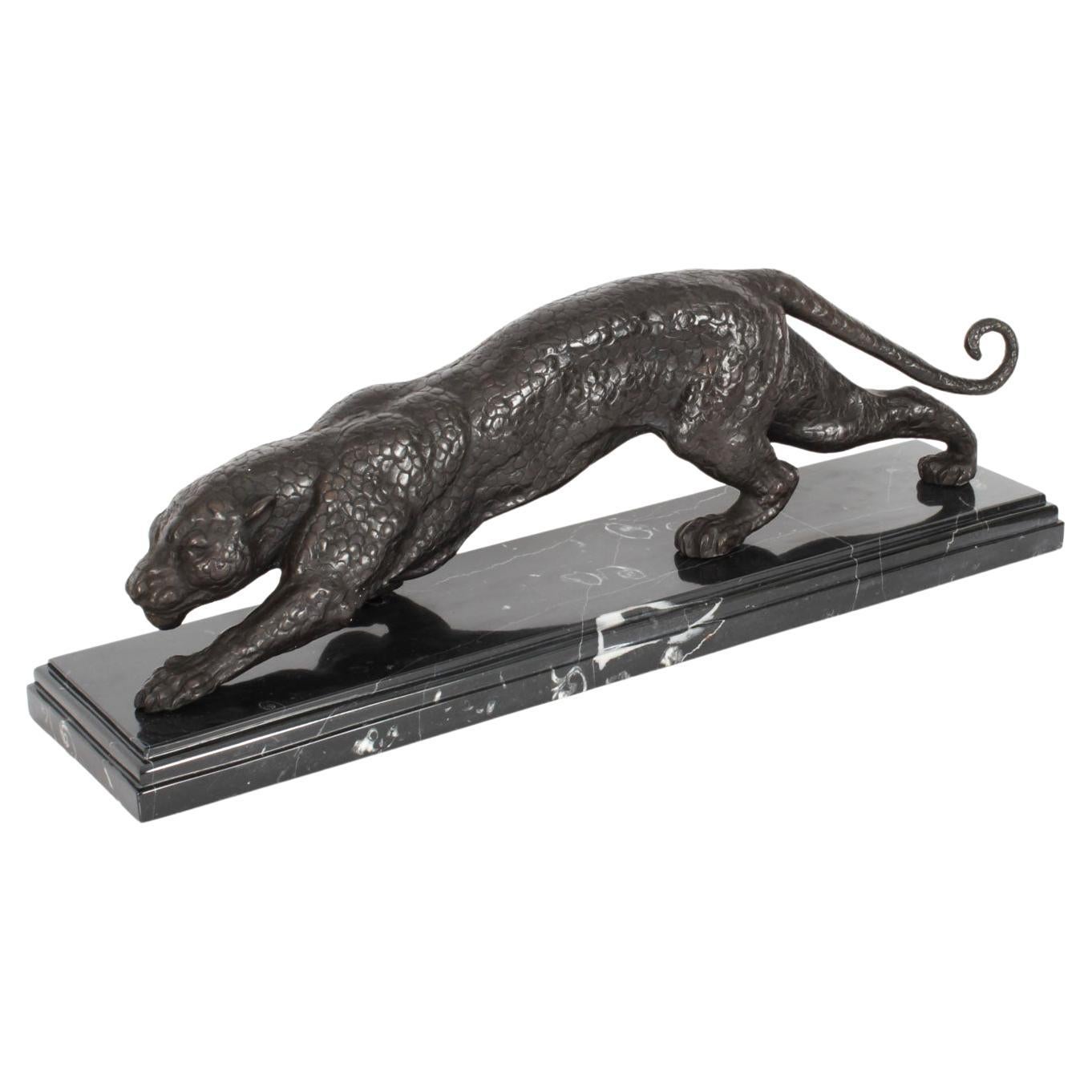 Vintage Bronze Panther Sculpture on a Marble Base 20th Century