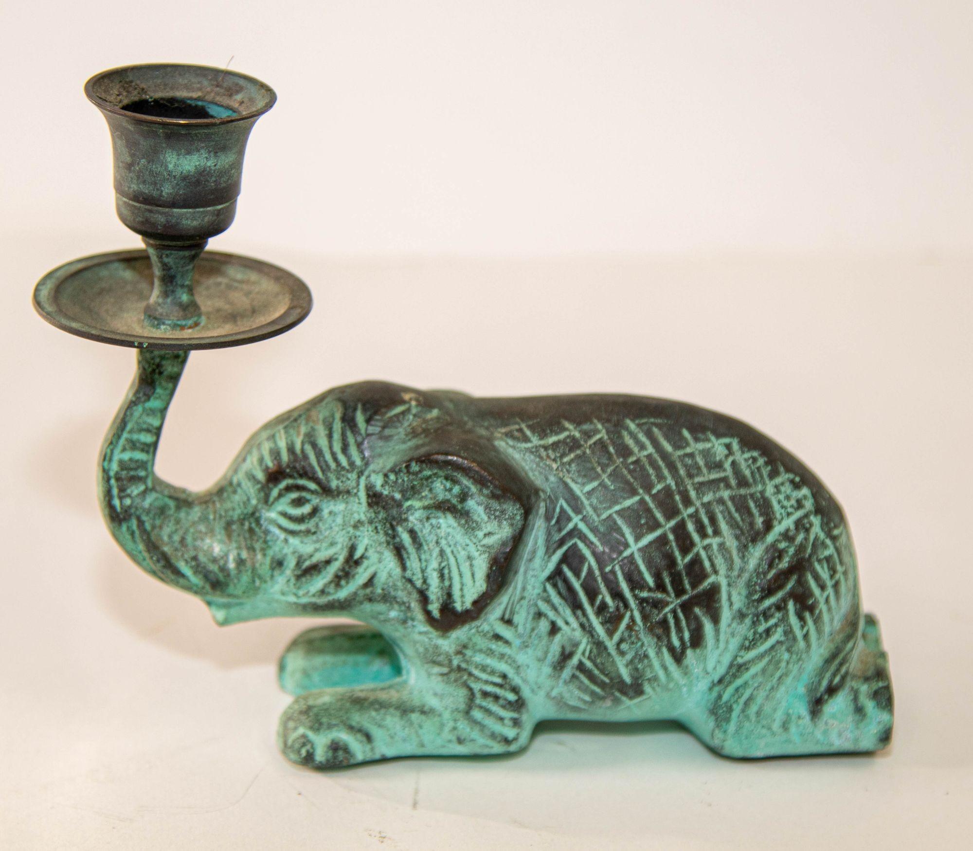 Vintage Bronze Patinated Green Metal Elephant Candle Holder Fortune Trunk Up 3