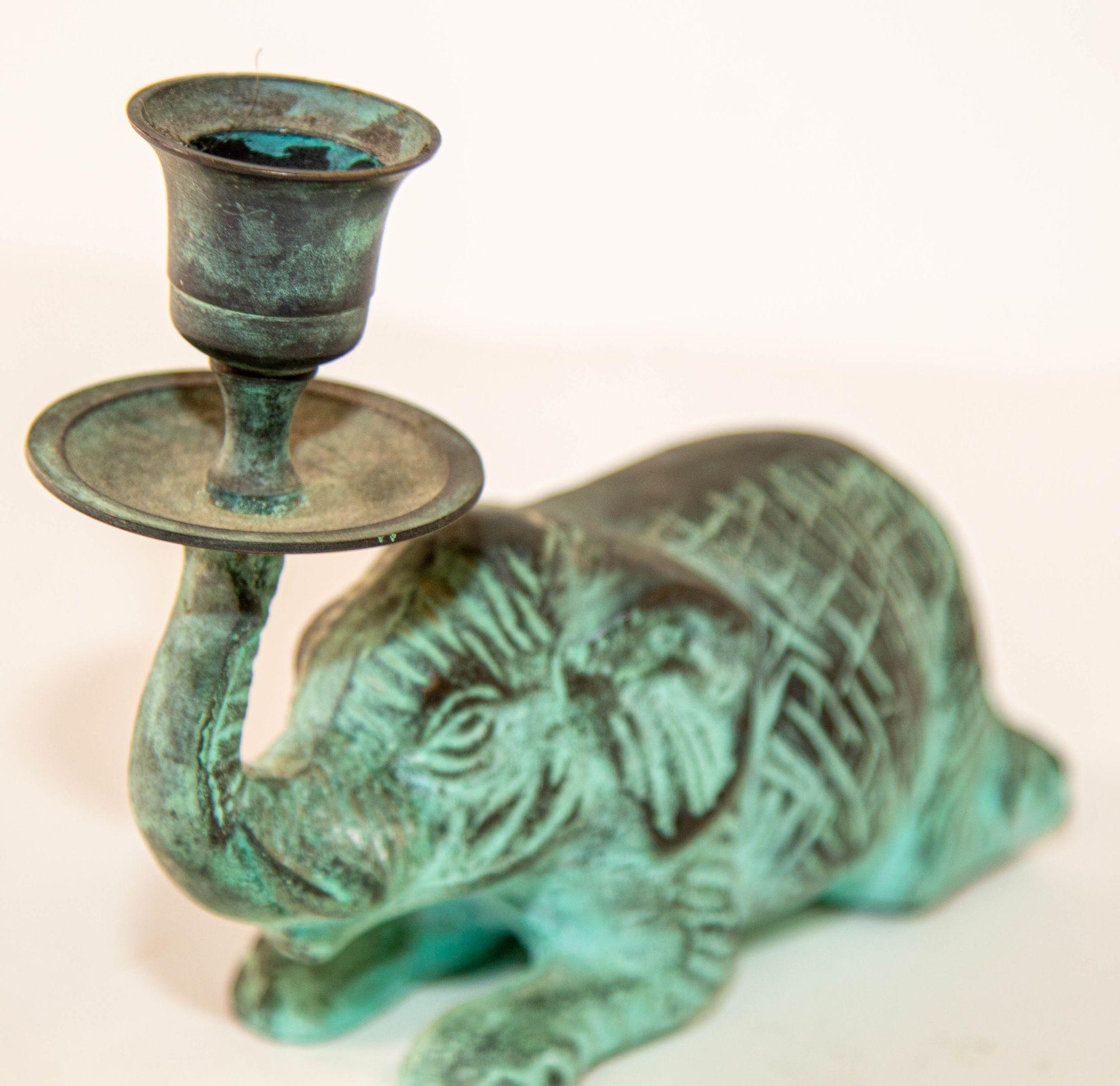 Mid-Century Modern Vintage Bronze Patinated Green Metal Elephant Candle Holder Fortune Trunk Up
