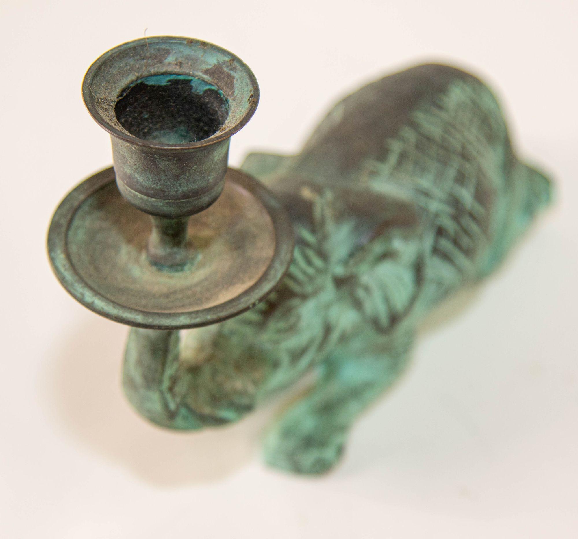 Indian Vintage Bronze Patinated Green Metal Elephant Candle Holder Fortune Trunk Up