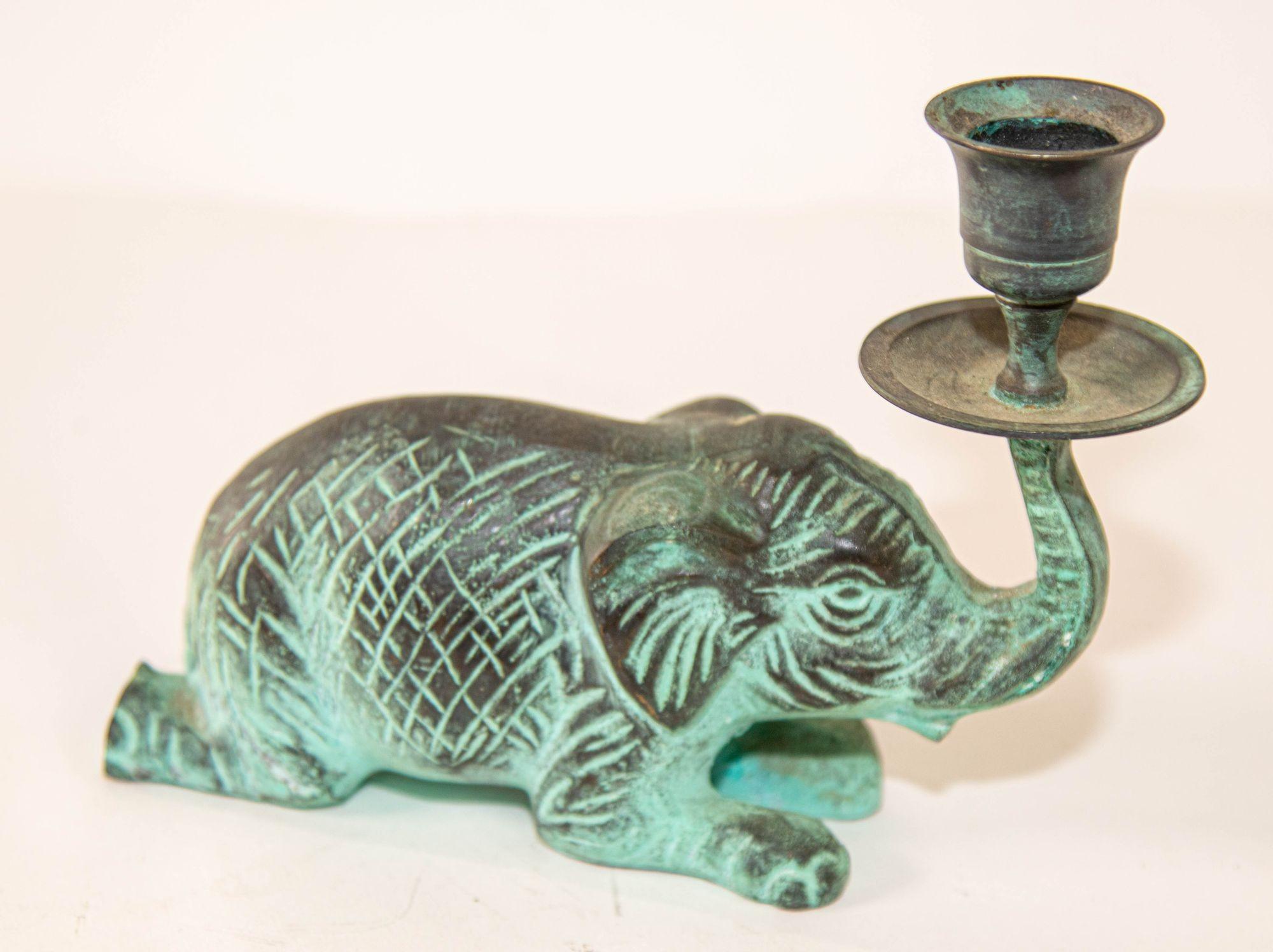 Cast Vintage Bronze Patinated Green Metal Elephant Candle Holder Fortune Trunk Up