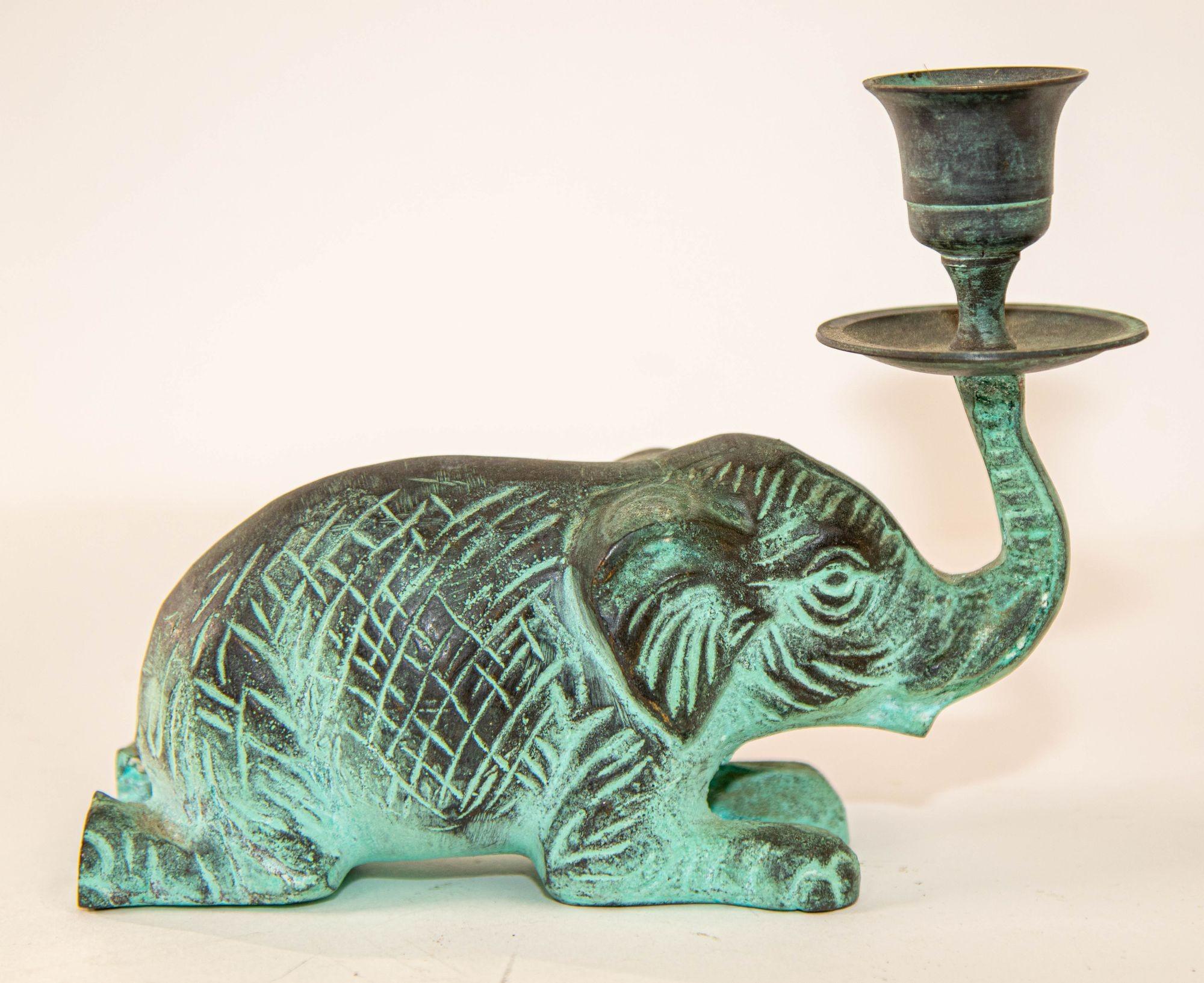 Vintage Bronze Patinated Green Metal Elephant Candle Holder Fortune Trunk Up In Good Condition In North Hollywood, CA