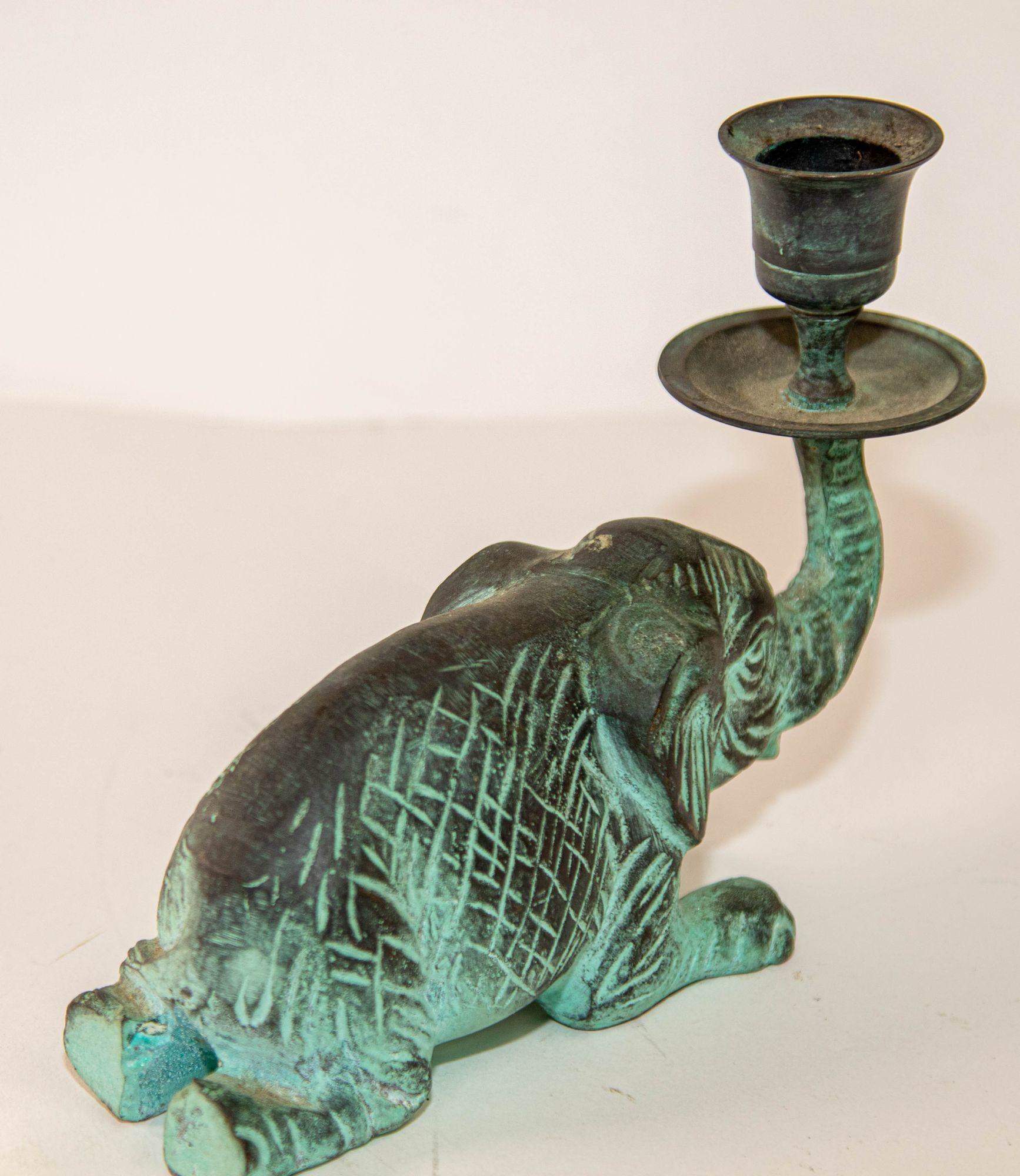 20th Century Vintage Bronze Patinated Green Metal Elephant Candle Holder Fortune Trunk Up
